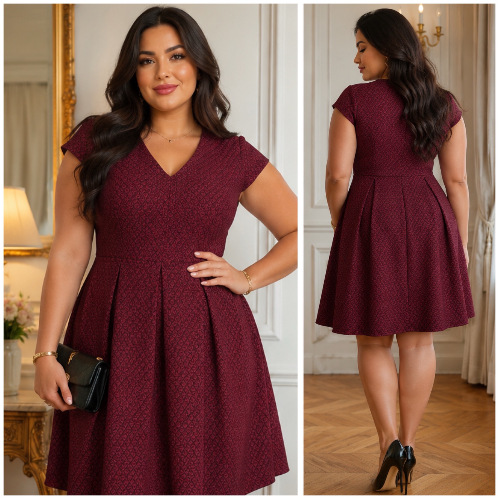 🌹 ✨ Robe bordeaux chic & élégante La Redoute Castaluna ❤️ Coupe évasée féminine, motifs raffinés, manches courtes & longueur mi-cuisse ✨✨🌹🔥🥰
