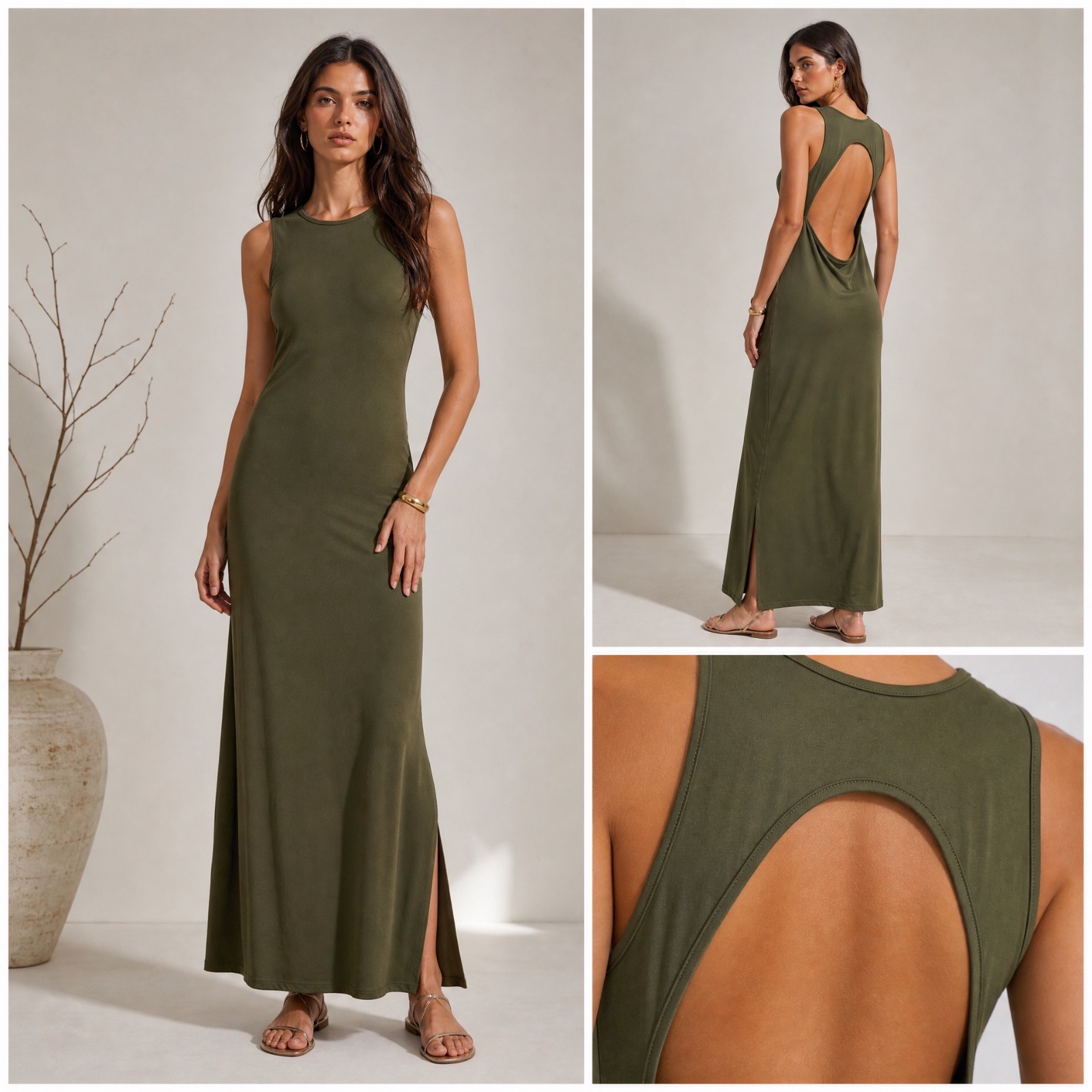 ✨💚 Robe Longue Ajustée Chic – Dos Ouvert & Fente Haute Élégante | Style Minimaliste Tendance | Taille S💚✨🌹🥰🔥