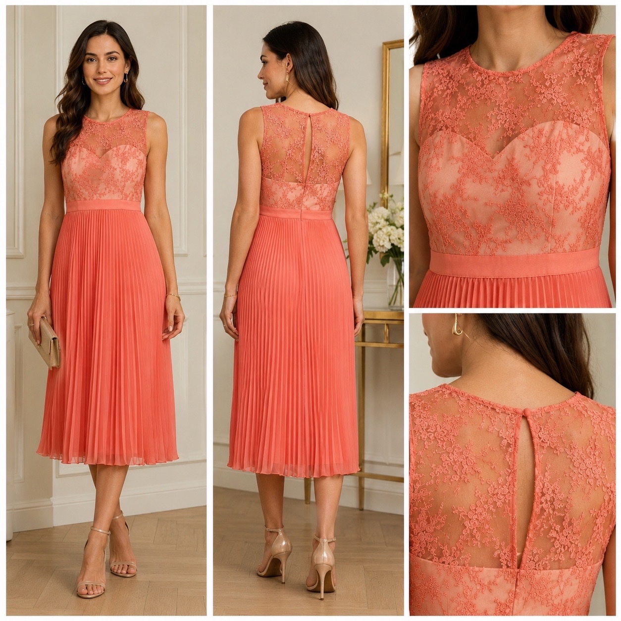     ✨🌸 Magnifique Robe Corail en Dentelle Brodée avec Jupe Plissée Fluide – Élégante, Chic & Parfaite pour Mariage, Soirée, Fiançailles ou Cérémonie 💖👗