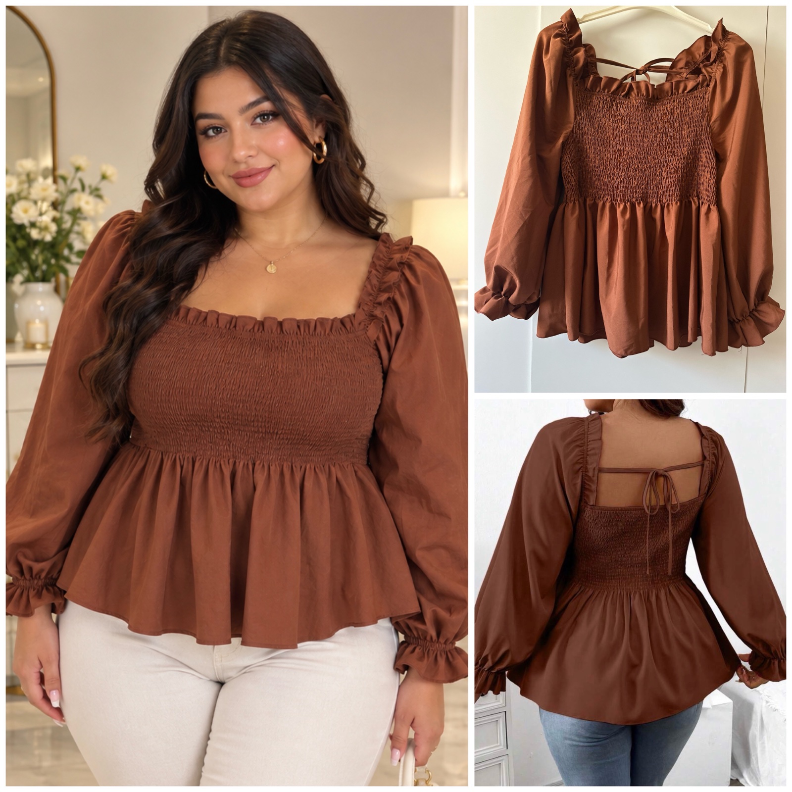 ✨ Haut/blouse SHEIN CURVE marron chocolat – smocké effet corset – manches longues bouffantes – volants & dos ouvert à nouer – taille OXL ✨🤎❤️