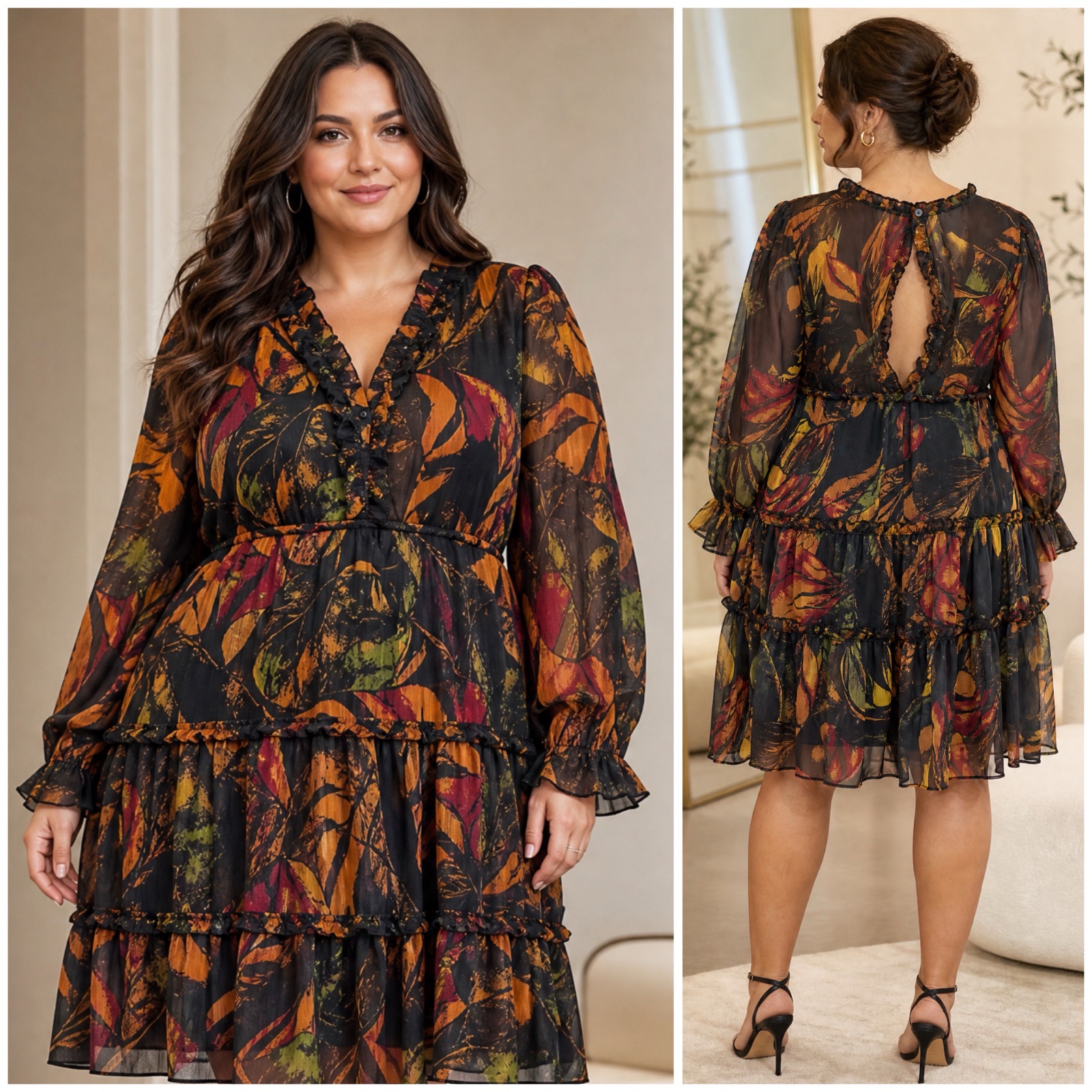 ✨ Robe Bohème Chic à Imprimé Floral Multicolore – Dos Ouvert Raffiné, Volants Romantiques & Manches Transparentes Élégantes ✨🌹🔥🥰✨