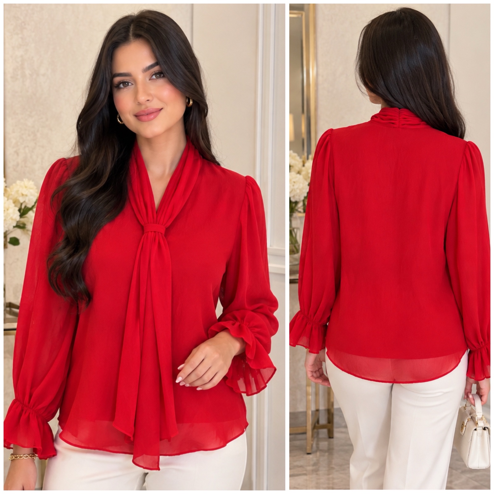 🔥✨ ✨ Chemise Rouge Élégante NEW COLLECTION – Made in Italy 🇮🇹 – Coupe Fluide & Féminine – Col Drapé avec Nœud – Manches Longues Bouffantes à Volants – Style Chic & Raffiné ✨❤️🌹🔥✨🥰