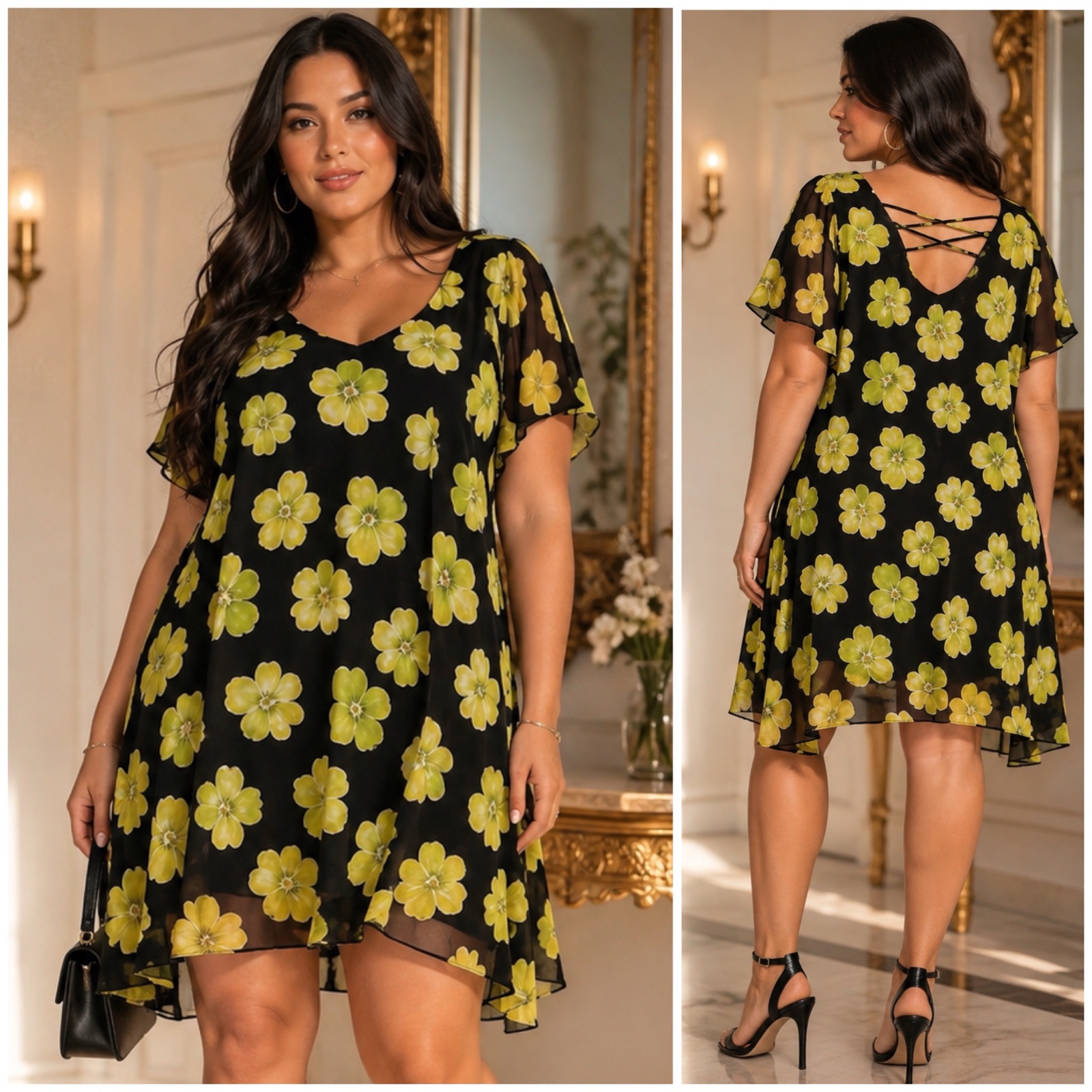 💛 Robe fleurie noire & jaune citron 🌼💛 Young Sense – Coupe fluide et ample, manches courtes, joli dos ouvert à liens croisés, légère & ultra féminine ✨ Chic, fraîche et parfaite pour l’été ☀️🌼✨🌹🥰🔥