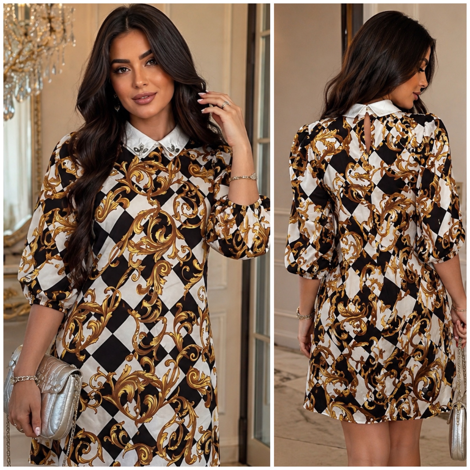 ✨ Robe Courte Chic & Élégante Noir Blanc nude  & Doré 🤎 Imprimé Baroque Luxueux – Col Blanc Bijoux & Manches Bouffantes – Look Raffiné & Féminin 👗✨✨🌹🥰🔥