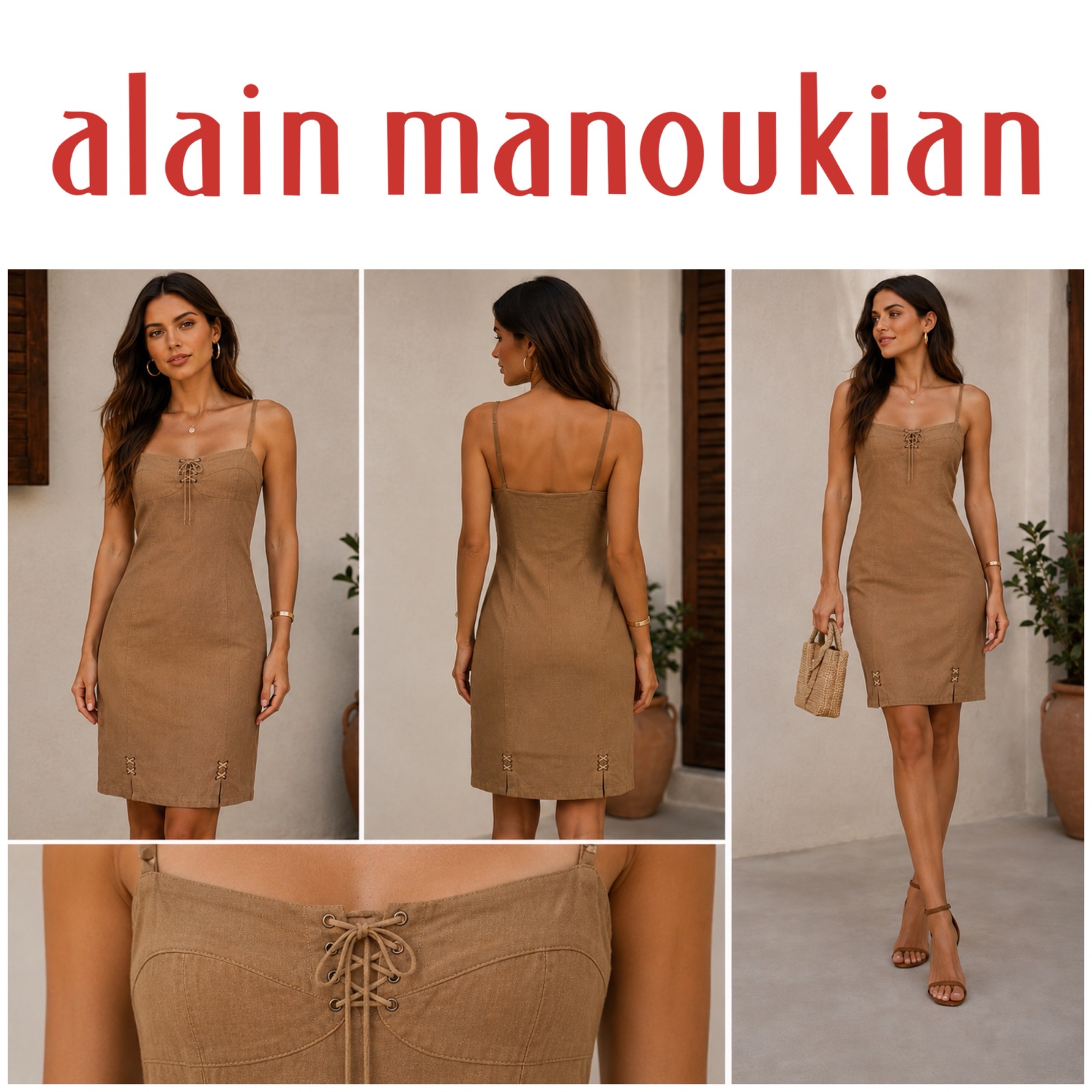 ✨ Robe Alain Manoukian beige camel chic en lin mélangé – Bretelles fines, détails lacés et coupe élégante jusqu’aux genoux ✨🔥🥰🔥✨🤎🌹🔥🥰