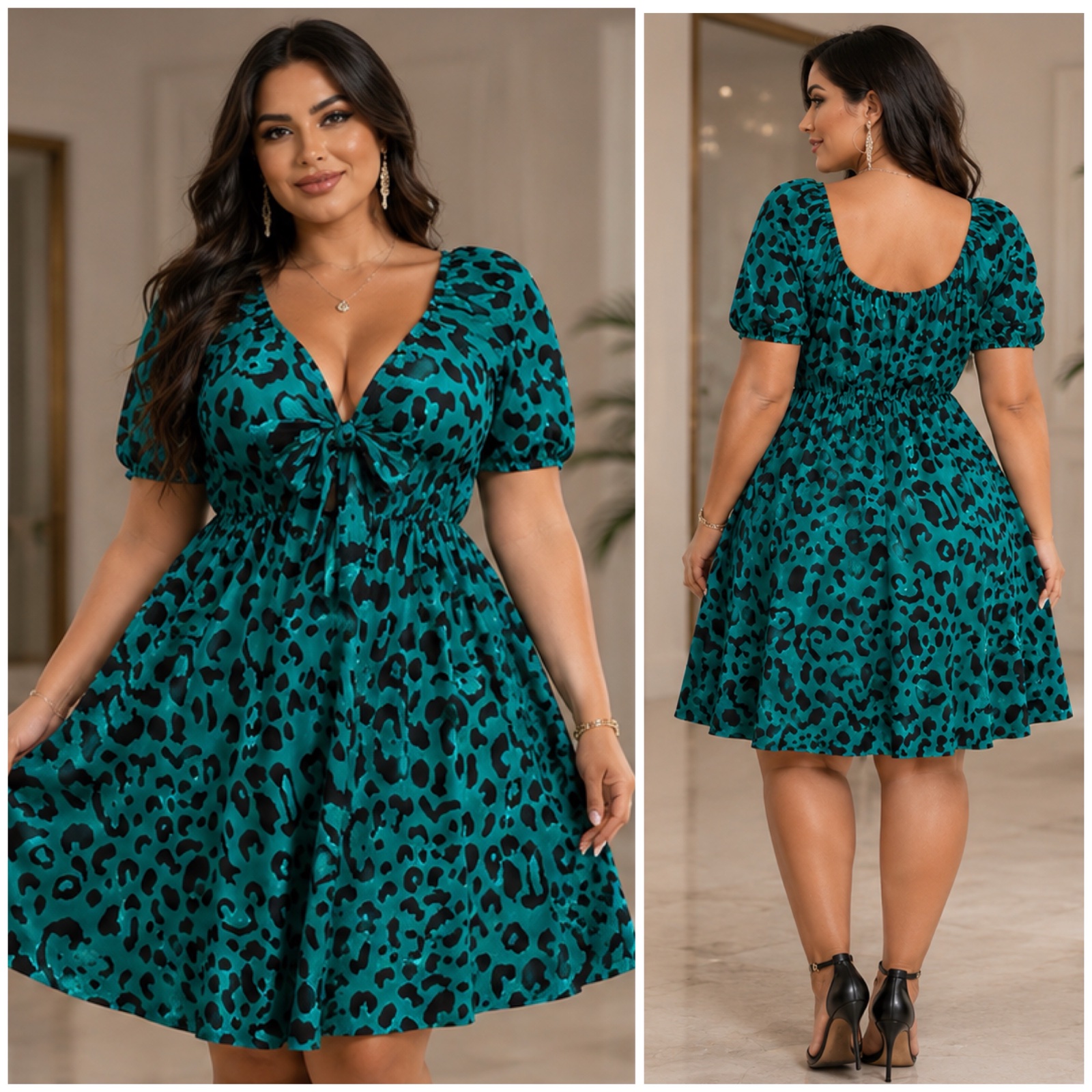 🔥 ✨ Robe SHEIN Curve Bleu Turquoise Imprimé Léopard • Coupe Fluide & Féminine • Décolleté Noué • Taille Élastique • Chic & Tendance ✨🥰🌹🔥✨