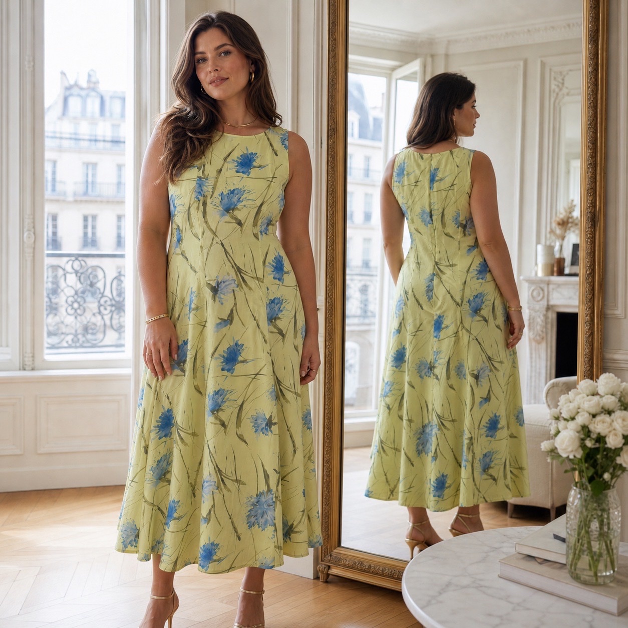     🌷✨ Robe Chic Fleurie Schmeinck – Jaune Pastel, Imprimé Bleu – Élégance, Confort & Style Grande Taille 💛🔥✨🥰🌹🩵