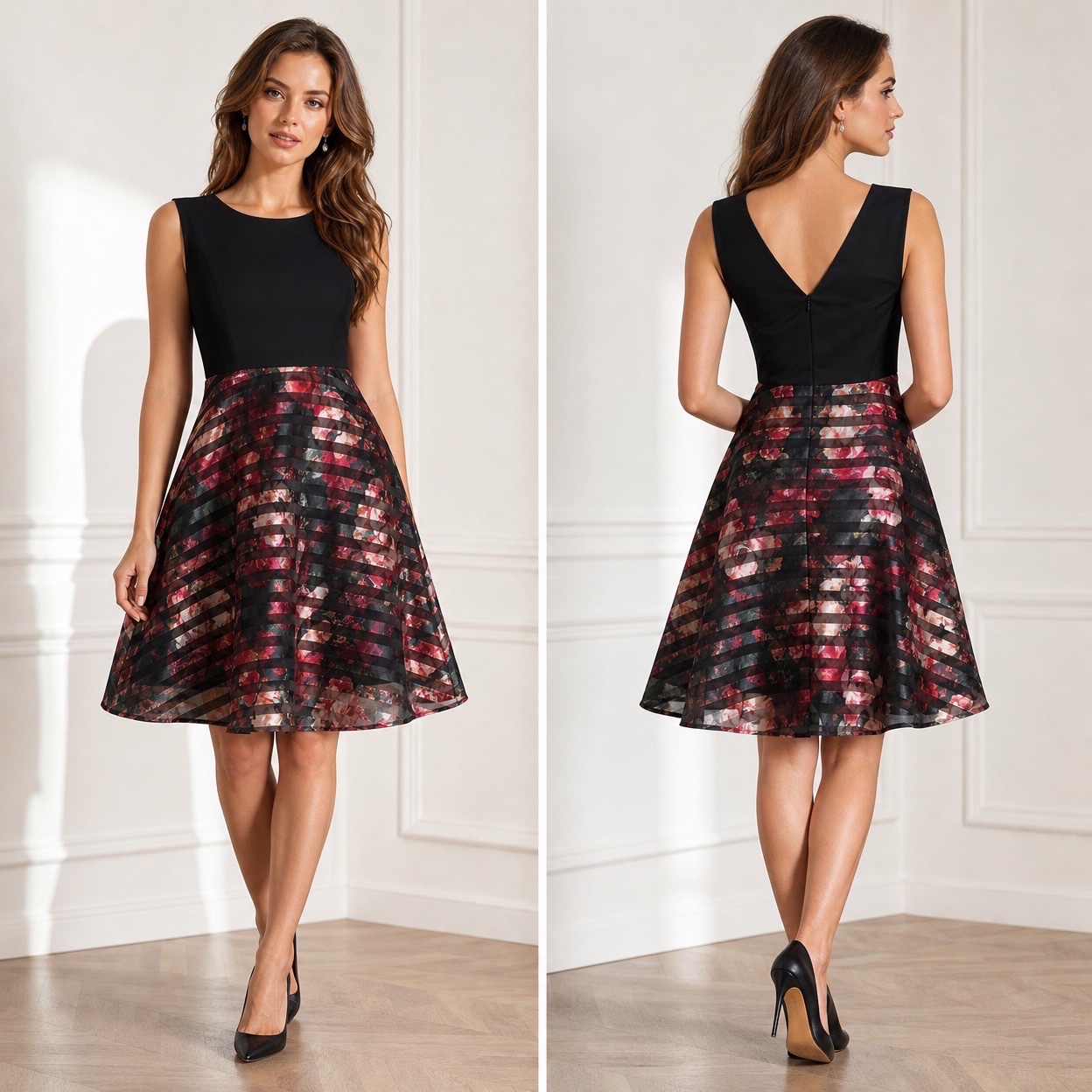 Robe de Soirée Laura Petites – Haut Noir Chic & Jupe Évasée Florale à Rayures – État Impeccable🔥🌹💞🌸✨🥰
