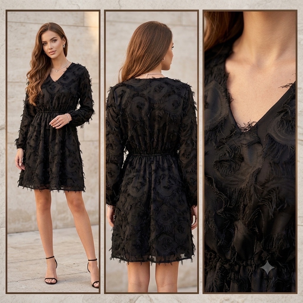 🖤 Robe Courte Noire Chic à Franges Effet Plumes - Marque Timiami ✨ Style Élégant & Tendance⚡