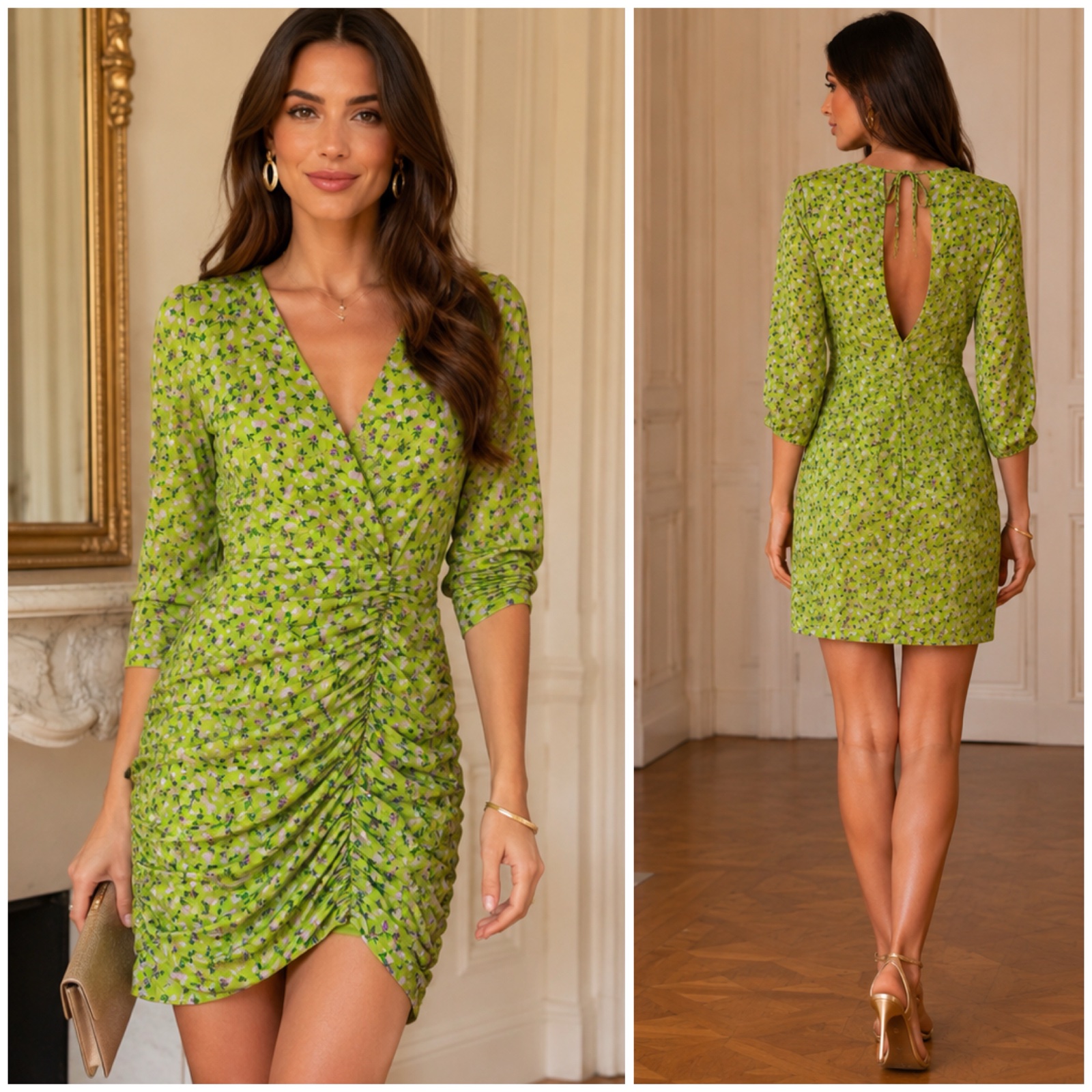 💚 Robe courte Mixeri verte fleurie drapée – Dos ouvert élégant – Taille M – Chic & Féminine💚🌼🌸🌹🤍💚