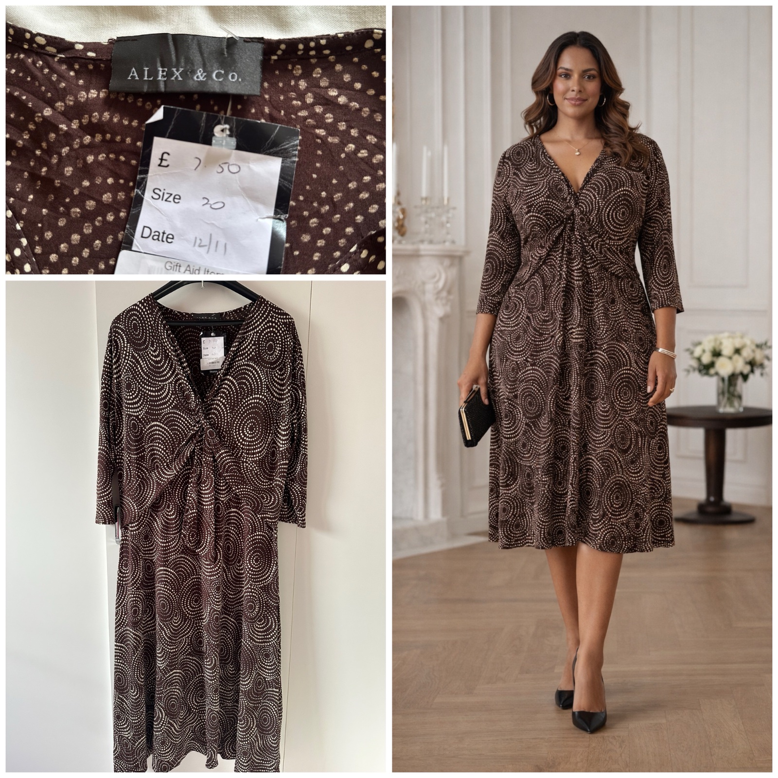 Robe mi-longue ALEX & Co. – Motif Spirales – Taille 46 (Neuve)🤎🌹