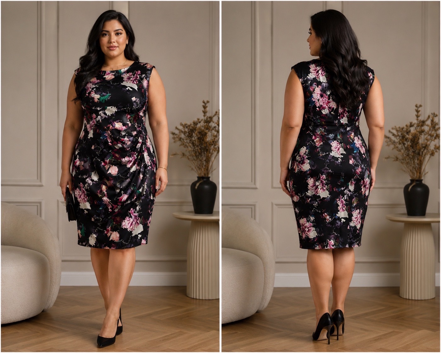  Robe noire fleurie chic & élégante – coupe drapée flatteuse curvy ✨🌸🔥🔥🔥💞🥰🥰