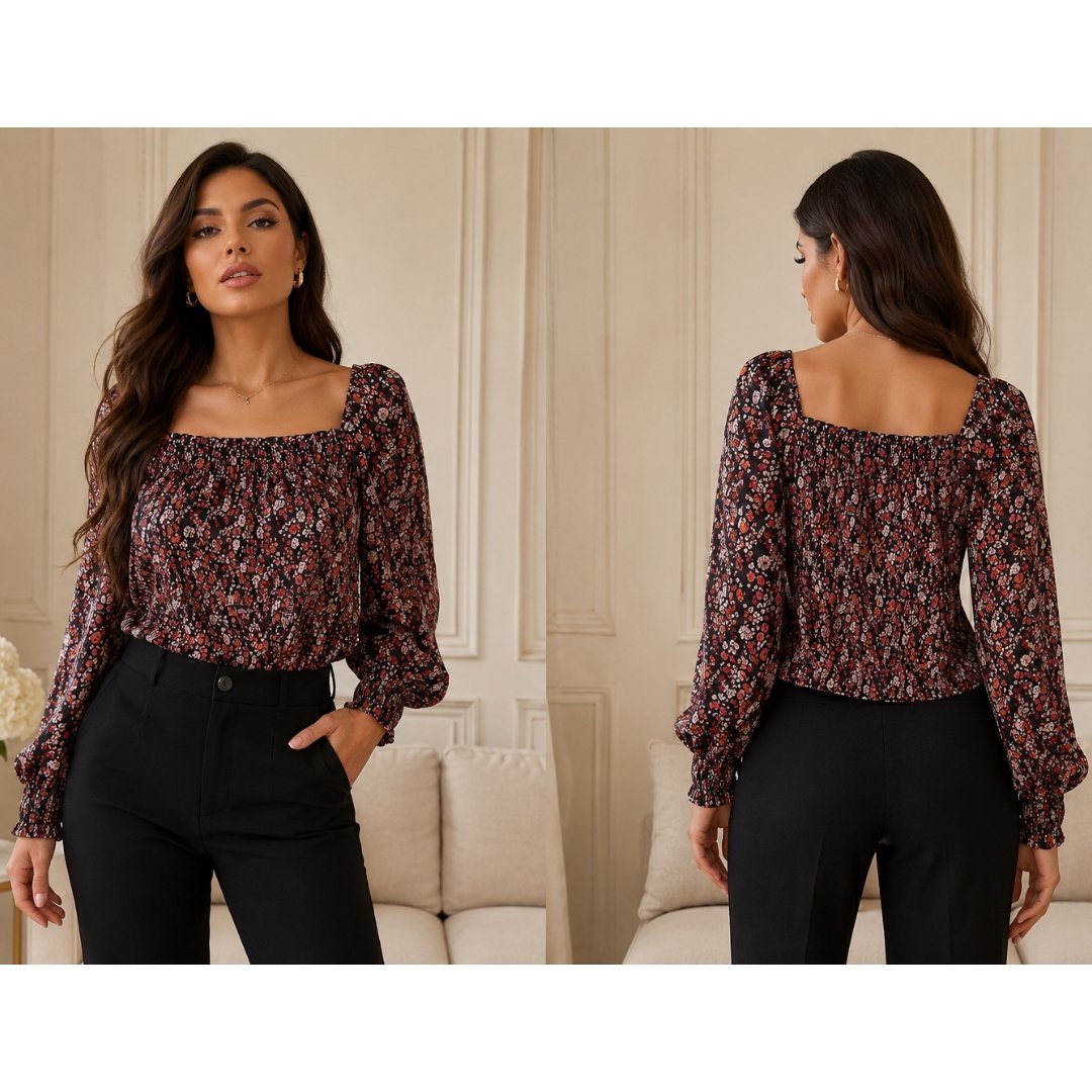 🌸 Haut Femme Chic Fleuri Froncé – Style Romantique Élégant à Manches Longues Bouffantes – Coupe Flatteuse et Tendance 🌸🌹🔥✨