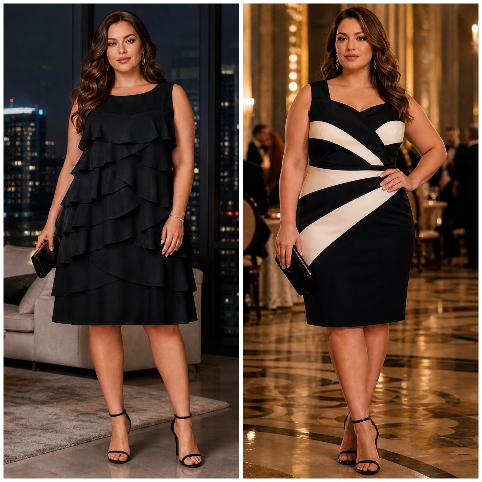 ✨🖤 Lot de 2 Robes Chic & Élégantes – Style Cocktail, Soirée & Cérémonie | Grandes Tailles Curvy | Noir Intemporel + Noir & Blanc Graphique ✨🔥✨🤍🥰🌹