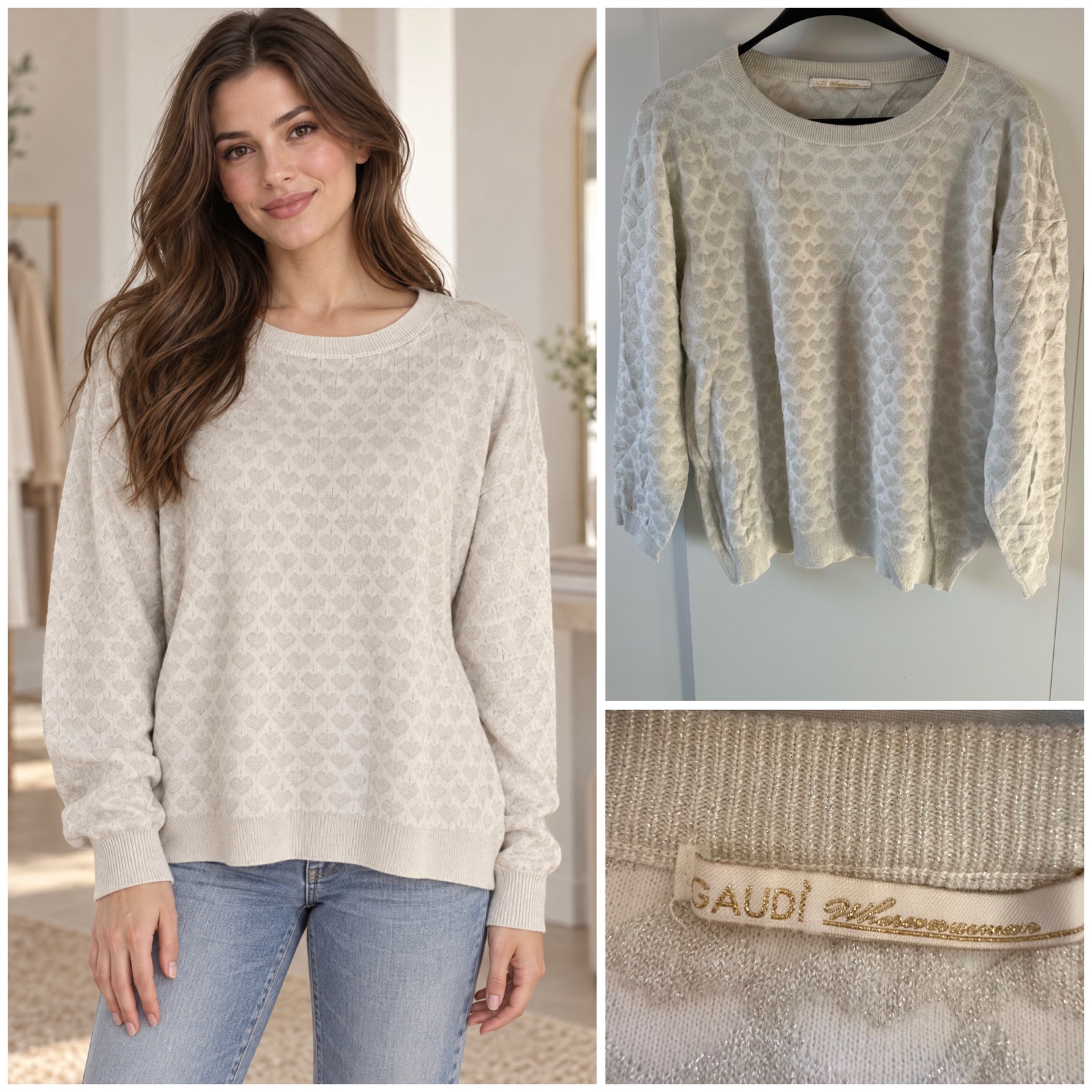 ✨ Pull Femme Gaudì Collection Beige Écru avec Motif Cœurs Argentés Scintillants – Col Rond, Manches Longues, Style Chic & Féminin 🤍🩶🌹🔥✨
