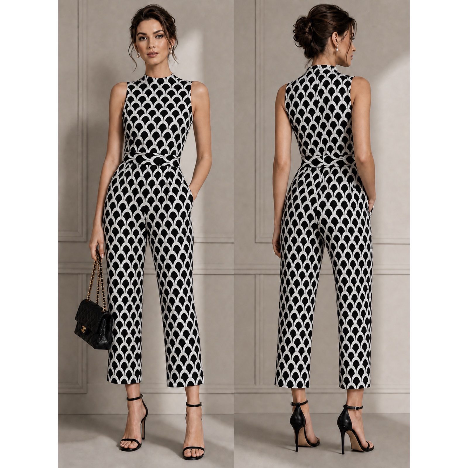 ✨ Magnifique Combinaison Pantalon Chic & Élégante 🖤 Motif Écailles Géométriques Noir et Blanc 🤍 Coupe 7/8 Style Chanel / Parisienne 👗 Idéale Soirée, Mariage ou Cocktail 🌟 Taille M (38) 🏷️ Marque Boohoo 💎 Pièce Unique & Tendance 🖤 État Neuf 🤍