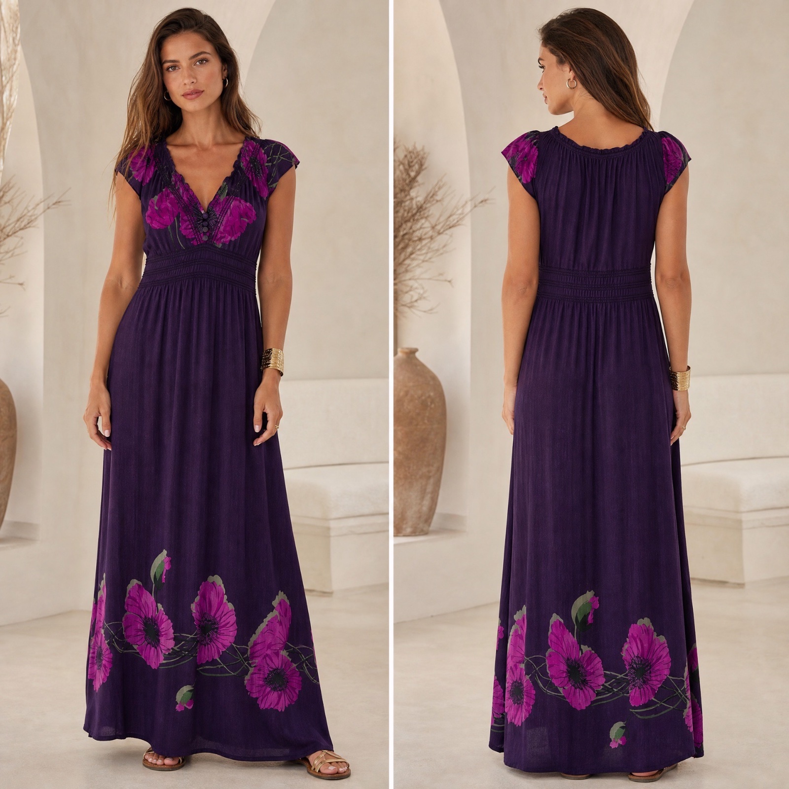💜 Magnifique Robe Maxi APRICOT à Motifs Coquelicots 🌺 Chic, Élégante & Parfaite pour l’Été ! 💜🥰🌹🌸🌷
