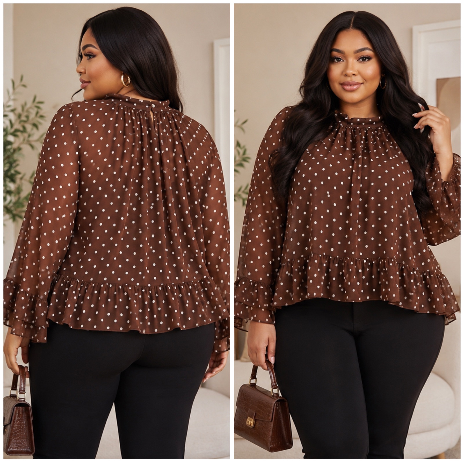 🤎✨ Haut Voile Marron à Pois Blancs XXL – Coupe Fluide Chic, Manches Volantées, Style Élégant & Féminin ✨🤎