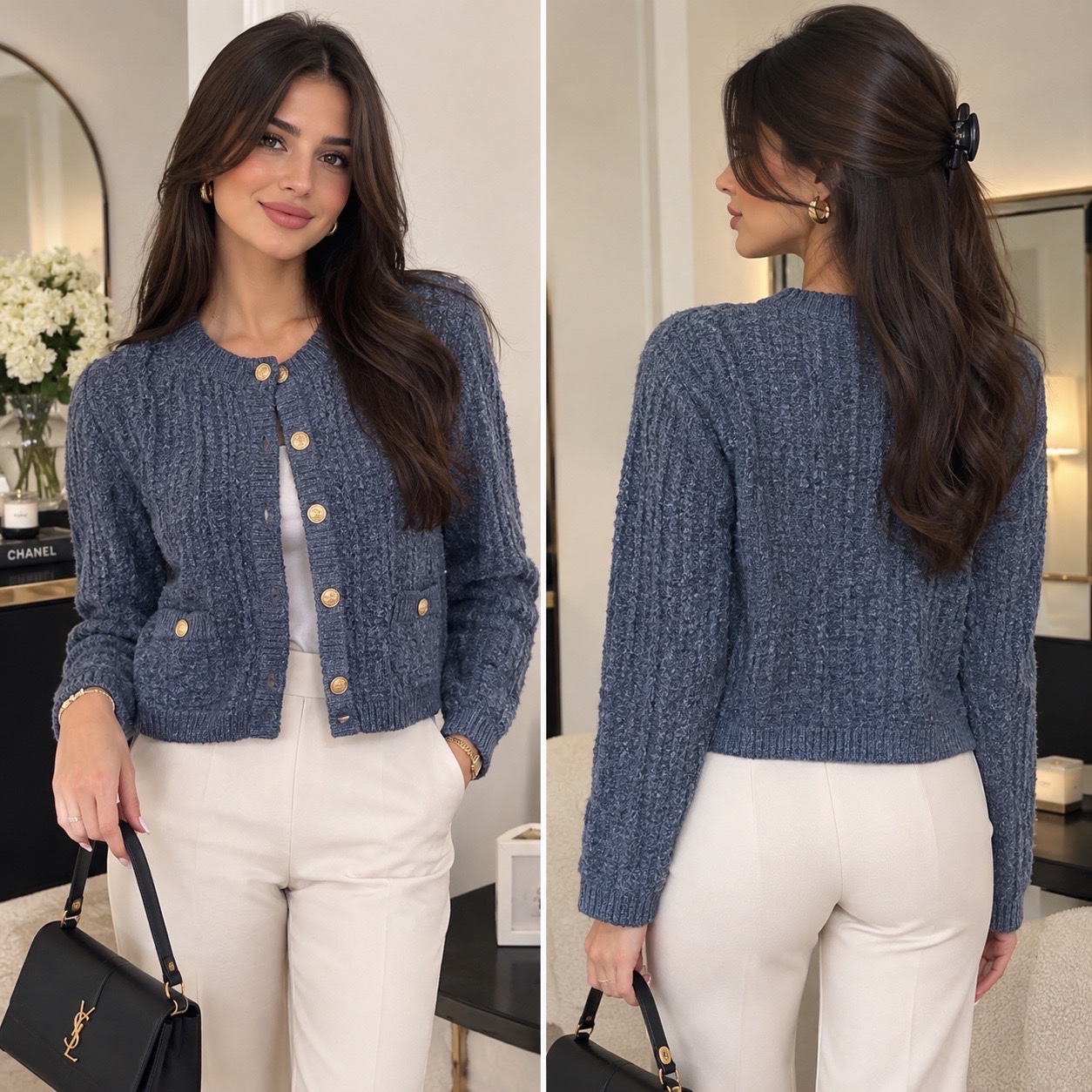 🔥 🤍 Gilet Femme H&M en Maille Épaisse Bleu Gris – Cardigan Chic & Élégant à Boutons Dorés – Col Rond, Poches à Rabat & Jolie Texture – Style Cozy & Classy 🤍✨🔥🌹🥰🩵
