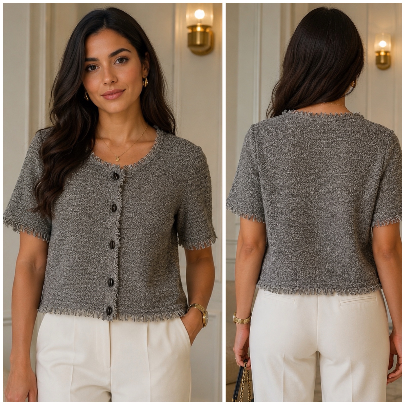 ✨ Magnifique Gilet Bertha Gris Chiné Made in Italy 🇮🇹 – Élégant & Raffiné – Maille Texturée avec Finitions Effilochées – Manches Courtes – Boutons Chic – Style Intemporel & Facile à Porter 🤍✨🌹✨🥰🔥