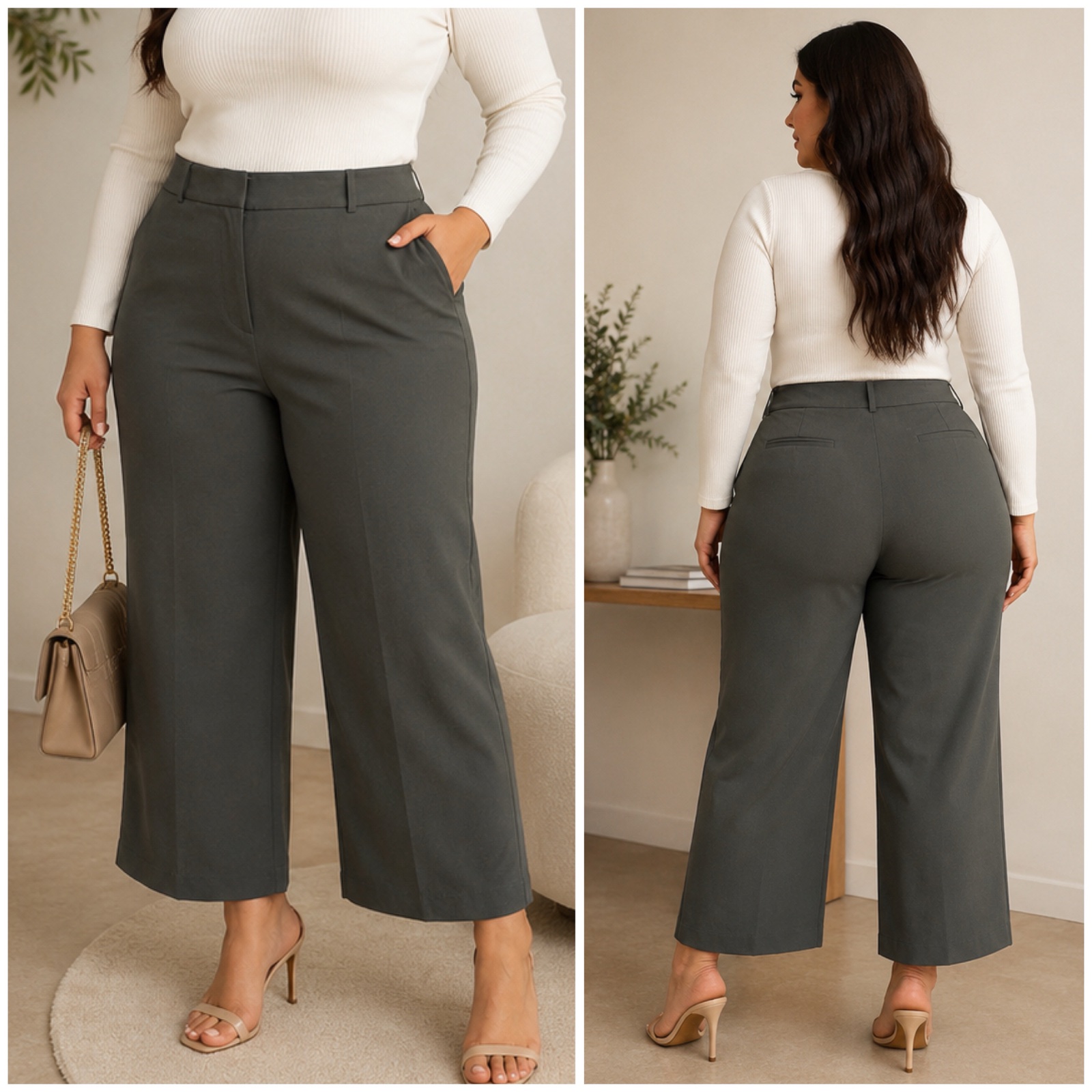 ✨ New Look Curves – Pantalon Palazzo Taille Haute Kaki/Vert Olive Chic & Élégant | Coupe Large Flatteuse | Grande Taille | Style Bureau, Casual & Classy ✨✨💕🌹🔥🥰