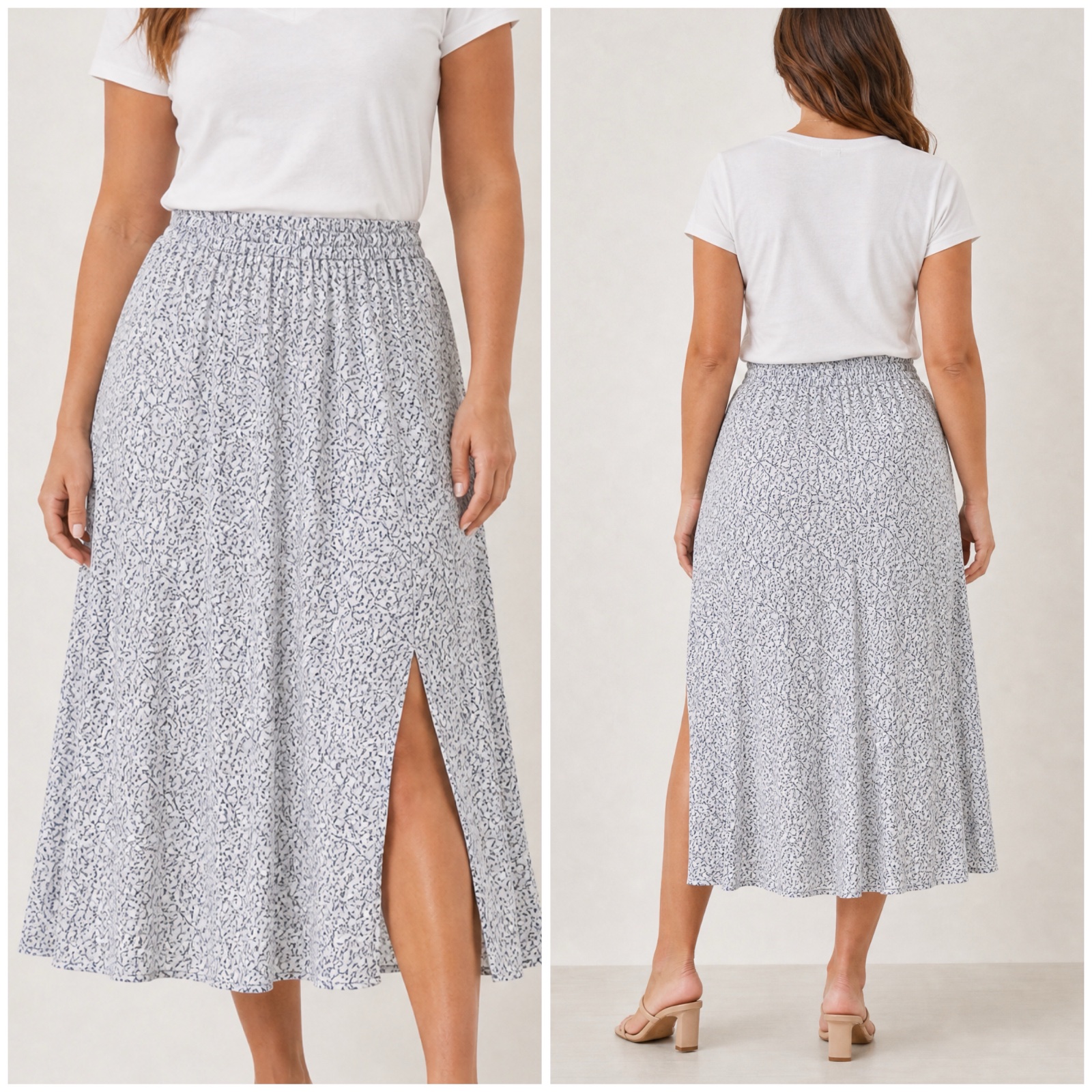 🌸 Jupe longue H&M fleurie blanc cassé et bleu 💙🤍 | Très élégante et féminine, coupe fluide et légèrement évasée, taille élastique, tissu léger et agréable à porter ✨ | Idéale pour un look chic, décontracté ou estival 👗🌿 | Taille EU 44 / US 12 / UK 16