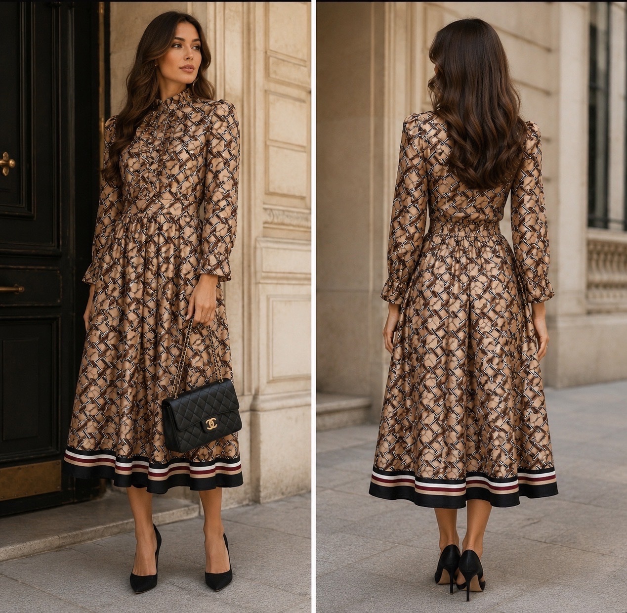 Robe midi chic imprimé chaînes style italien ✨ élégante & raffinée – coupe fluide longueur Chanel – manches longues – look classe et intemporel🔥✨🌹💞🥰