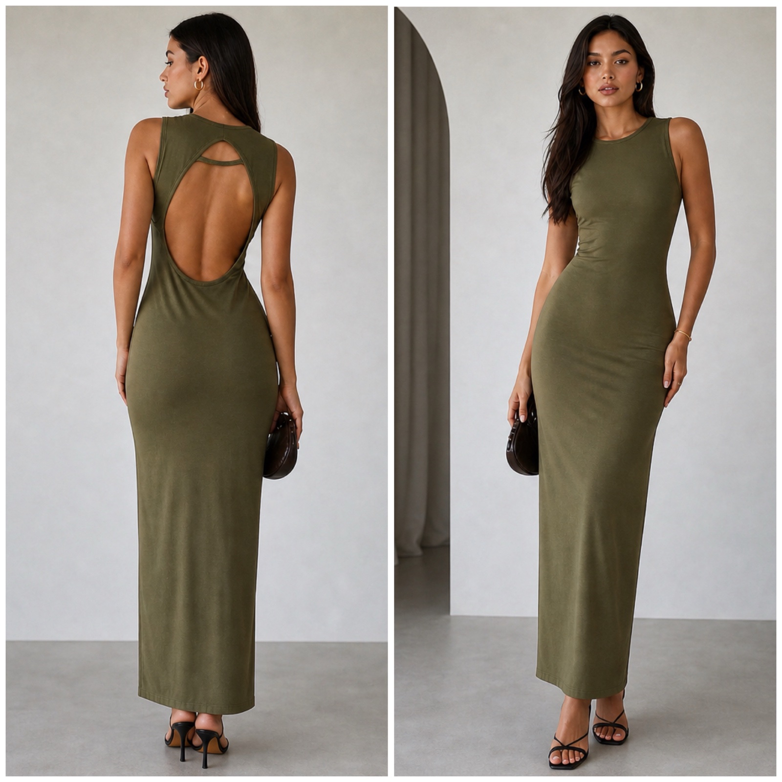 🤍🔥 Élégante Robe  Kaki Ajustée ✨ Dos Nu Glamour • Coupe Moulante • Chic & Tendance • Sans Manches • Look Minimaliste & Féminin • SHEIN🔥🌹🥰🌸