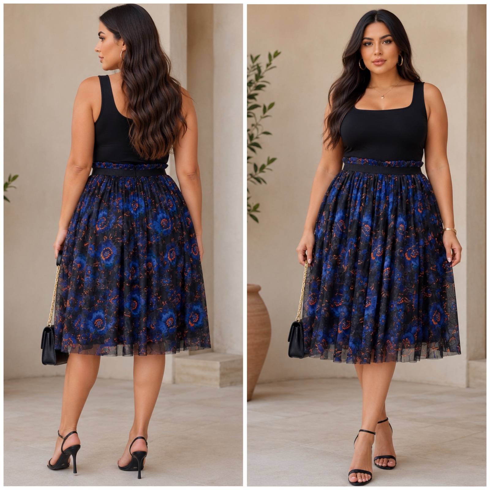 🌸✨ Jupe Midi Plissée en Tulle Fleuri Bleu Marine | Made in Italy 🇮🇹 | Taille Haute Élégante • Chic & Féminine ✨🌸🔥🥰✨🌷