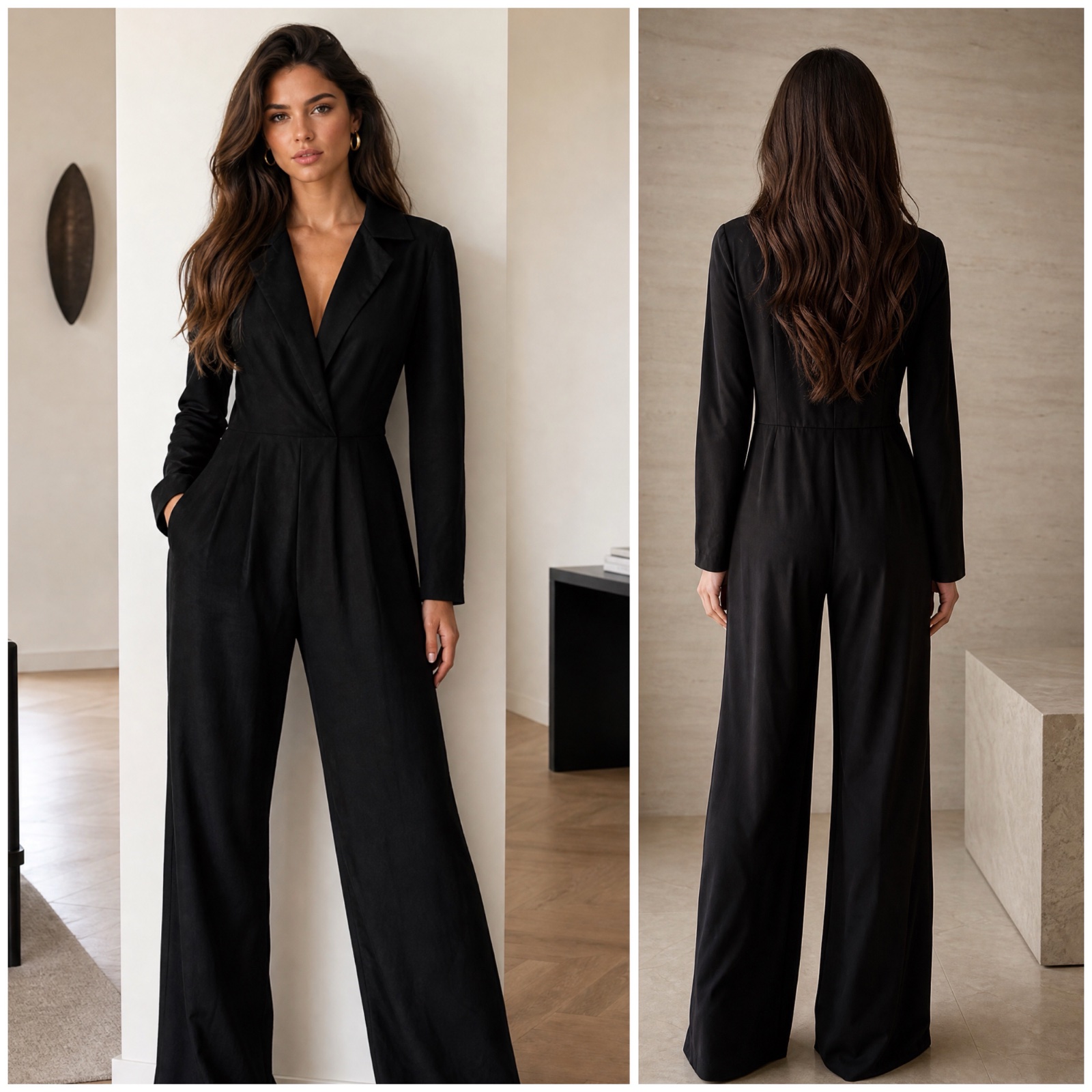 🌹 ✨ Combinaison pantalon noire Boohoo élégante & chic – coupe tailleur, col cache-cœur, manches longues & jambes larges – parfaite pour soirée, cérémonie ou look sophistiqué ✨🌹🔥🥰✨