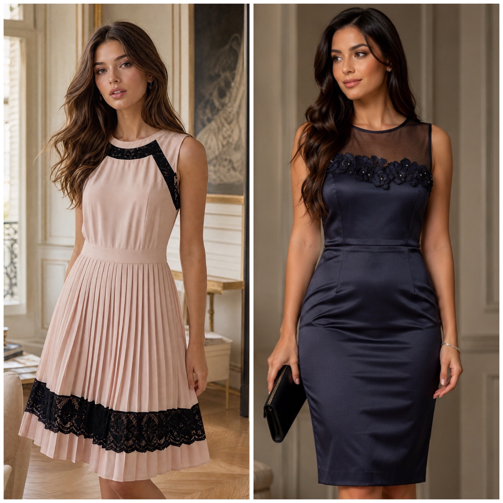 💖 Lot de 2 robes élégantes & raffinées – Robe plissée nude dentelle noire + Robe satinée noire chic – Idéales pour soirées, fêtes et occasions spéciales ✨✨🌹🥰💙🔥🌸