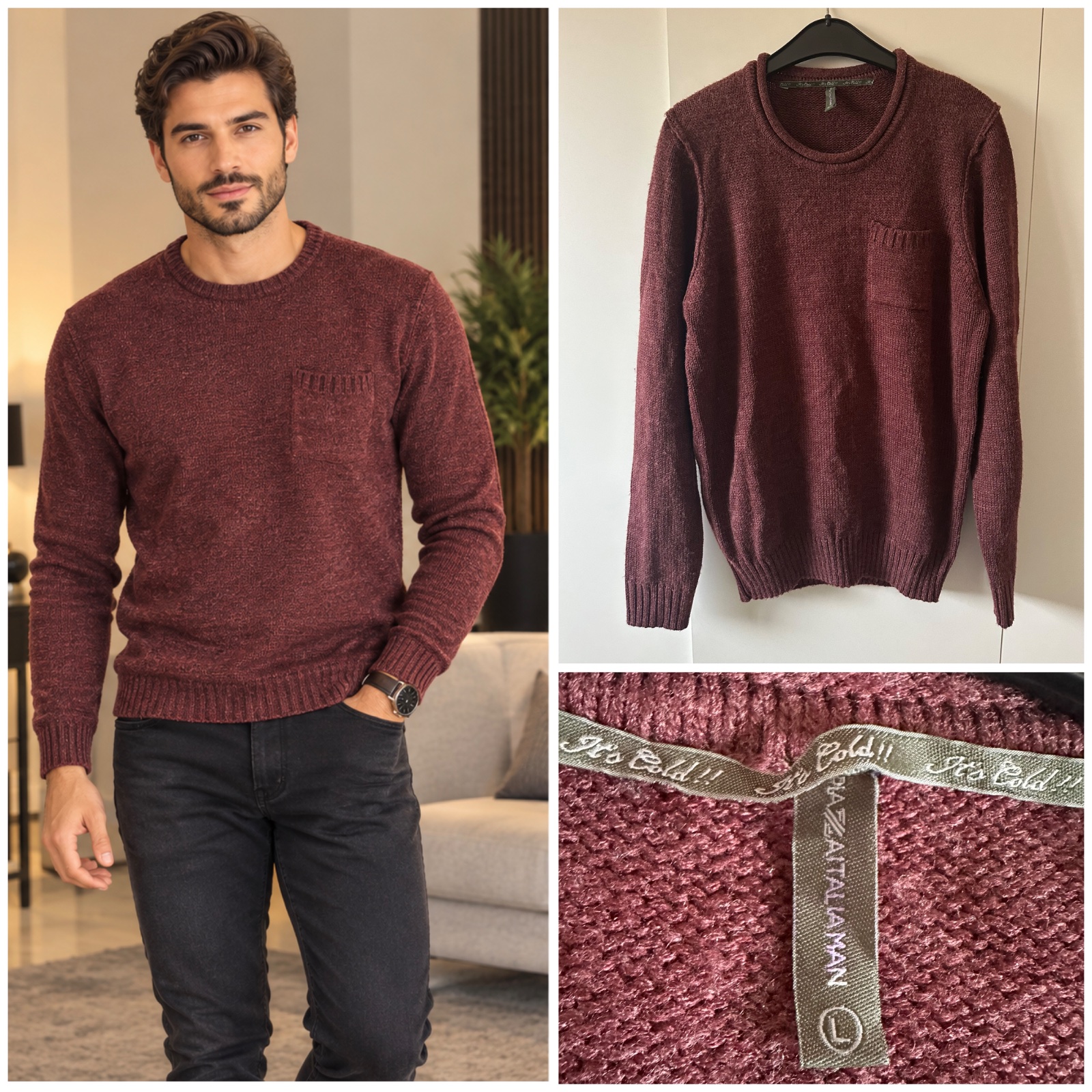 ✨ Pull Homme PIAZZA ITALIA Bordeaux – Chic et Élégant, Col Rond, Manches Longues avec Poche Poitrine – Style Casual et Tendance ✨