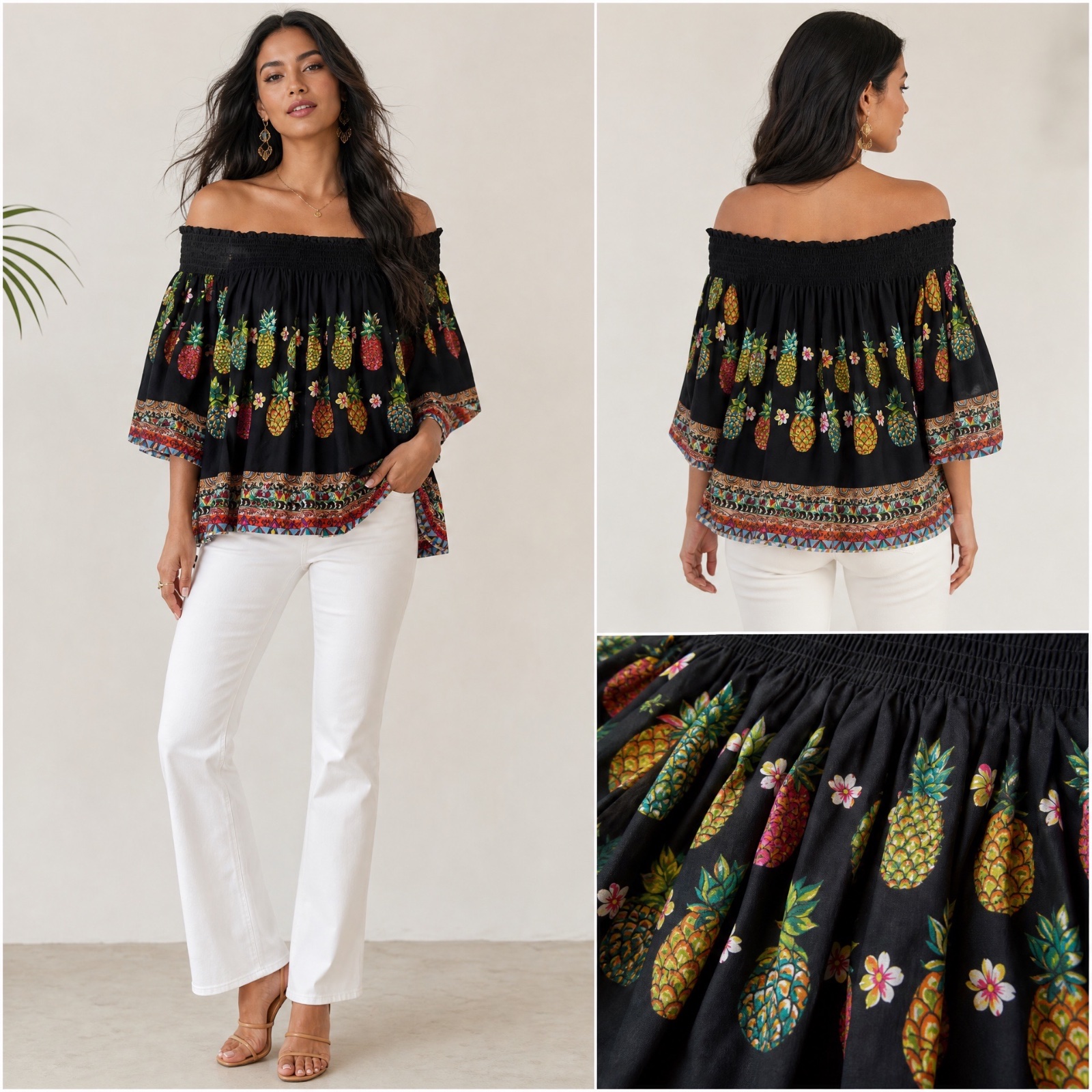 	🌟🌺 Top DESIGUAL Épaules Dénudées • Imprimé Exotique Ananas Multicolore • Look Été Canon 🌺🌟🍍
