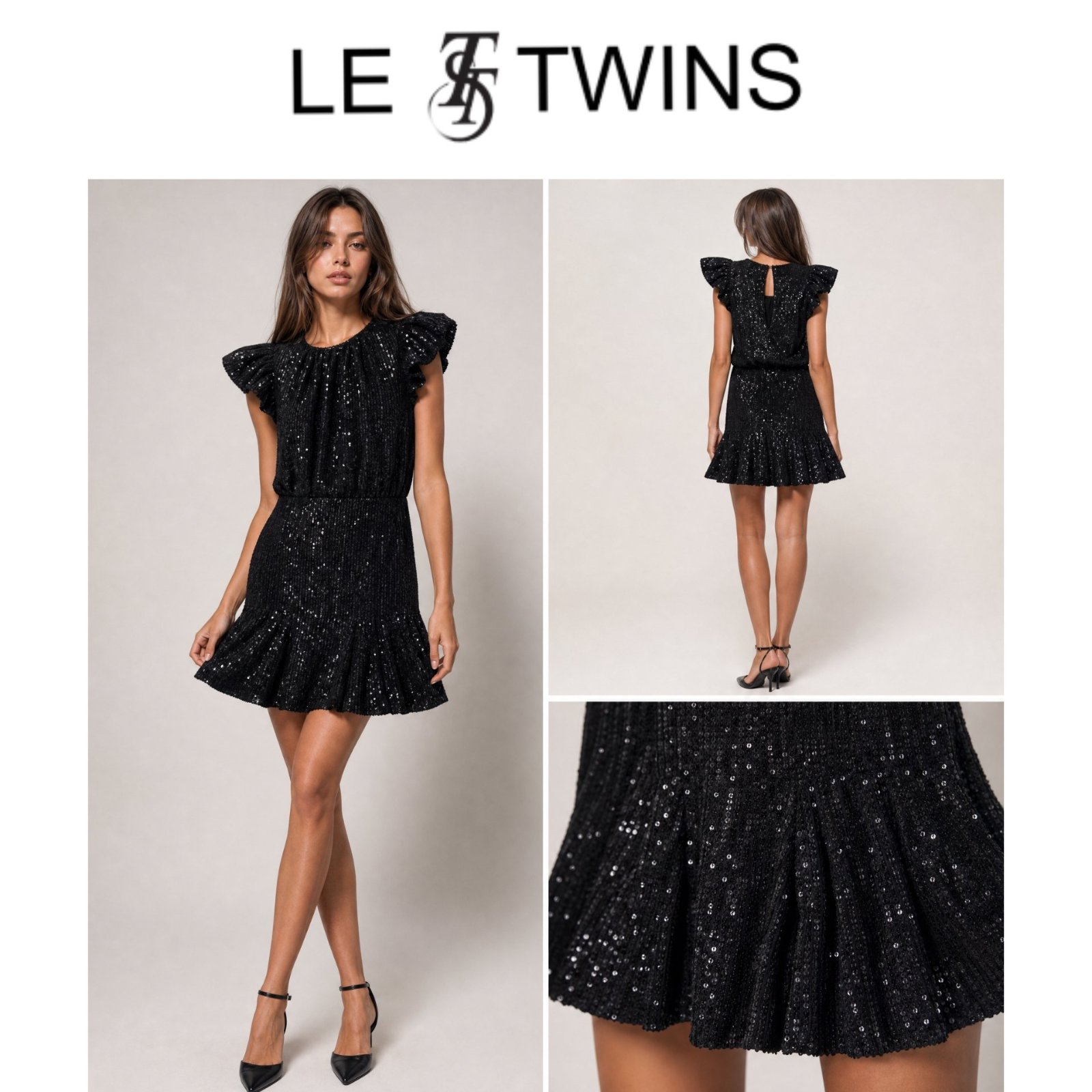 🎀 ✨ Robe LE TWINS originale noire à sequins – Élégante & Glamour – Manches volantées – Idéale pour soirée, mariage et occasions spéciales ✨ 🔥🥰✨🌹🎀