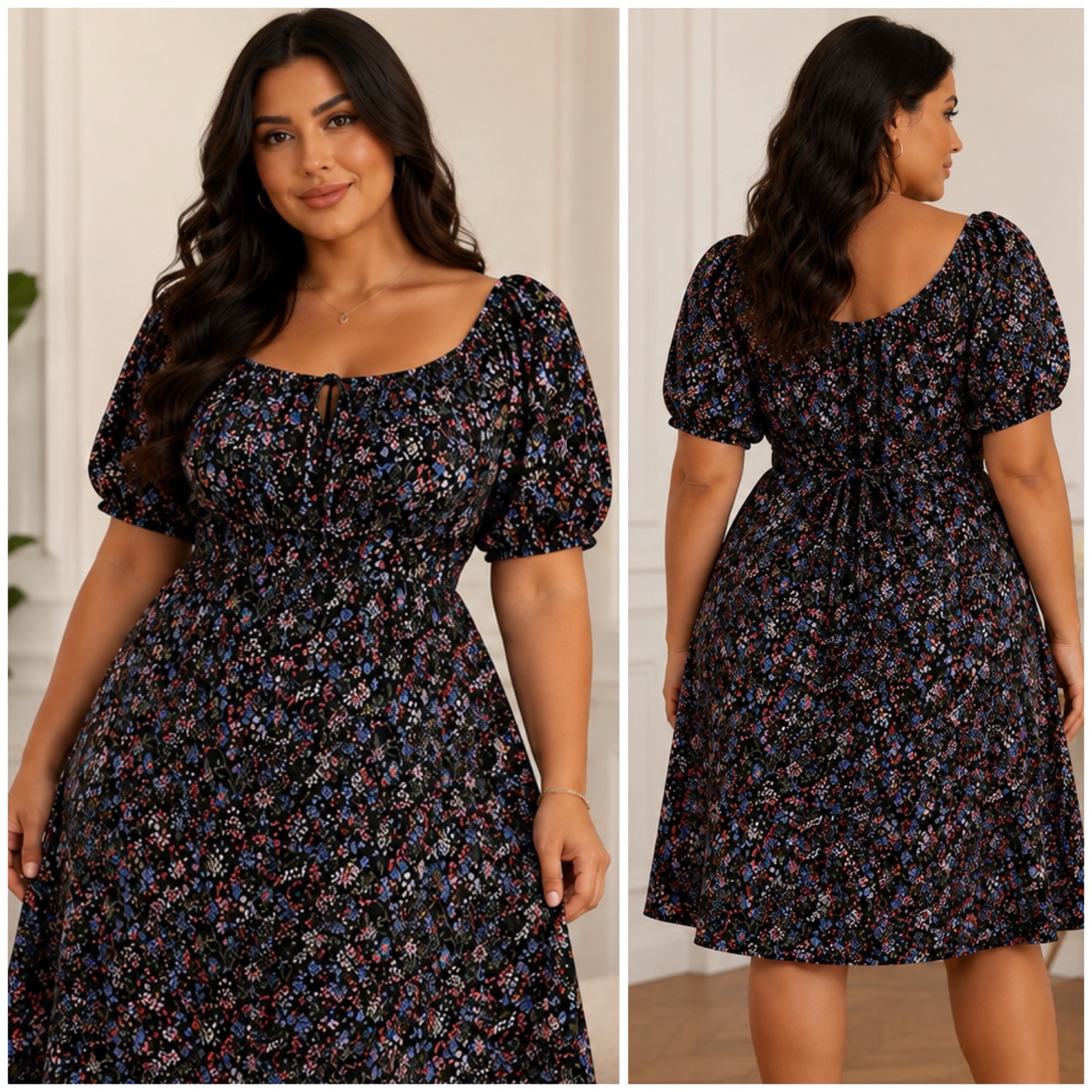 🌸✨ Robe Fleurie Romantique & Élégante – Col Carré Tendance, Manches Bouffantes Chic, Coupe Féminine Flatteuse, Longueur Genou, Style Bohème Raffiné ✨🌸🔥🥰🌸💞