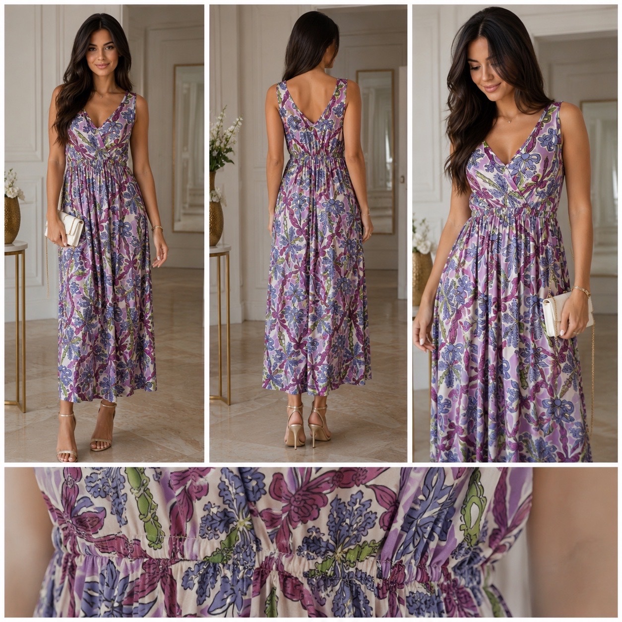 ✨ Robe fluide à imprimé floral violet – Décolleté cache-cœur – Taille empire – Style chic & bohème – Fabriquée en Italie💜💞🌸🔥🥰✨
