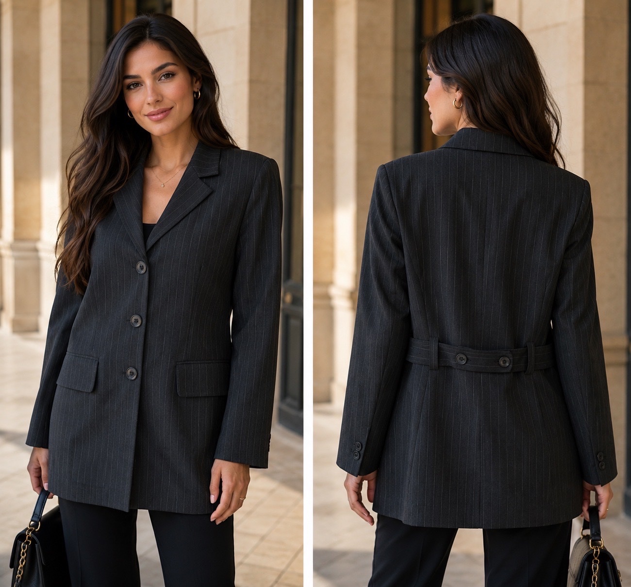 🌹✨ Blazer femme chic & élégant gris anthracite à fines rayures – Coupe longue structurée, col tailleur, 3 boutons, poches à rabat & ceinture réglable au dos – Style business & intemporel 🤍🖤✨🌹🥰
