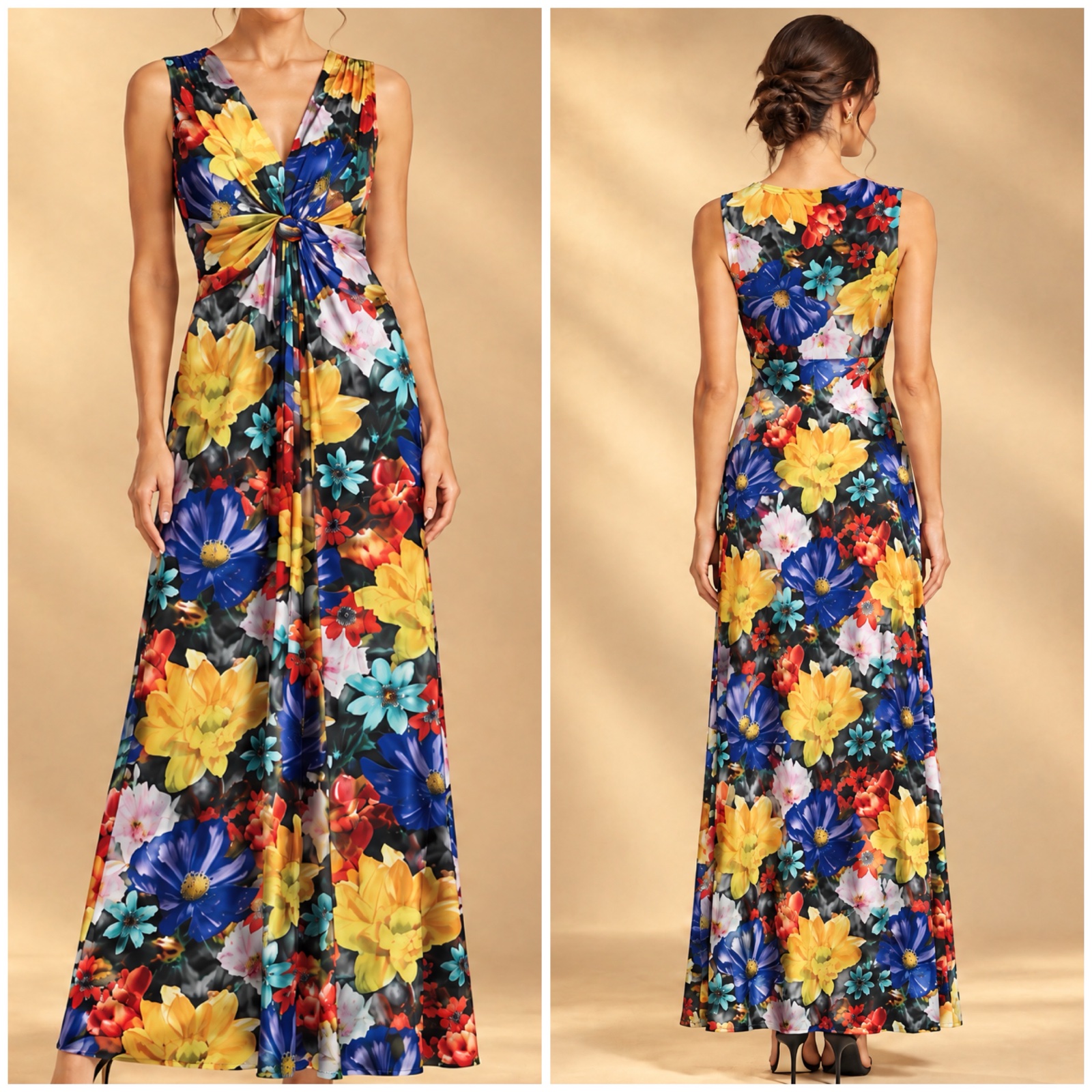 🌸✨ Magnifique robe longue fleurie ultra élégante – imprimé floral multicolore coupe maxi féminine, décolleté en V, taille joliment froncée avec détail torsadé, modèle chic et original idéal pour cérémonie, soirée, mariage ou sortie estivale ✨🌸