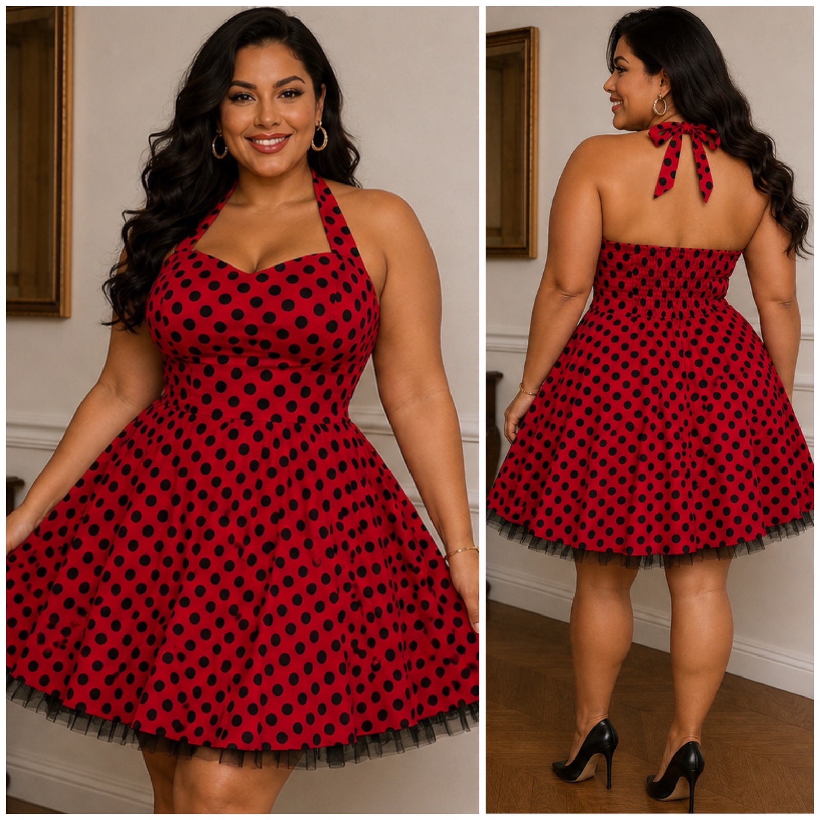 🌹 Robe Pin-Up Vintage Rouge à Pois Noirs – Style Rétro Chic & Féminin – Col Halter à Nouer – Jupe Évasée avec Finition Tulle Noir – Élégante et Originale🌹🔥🥰 ❤️🖤