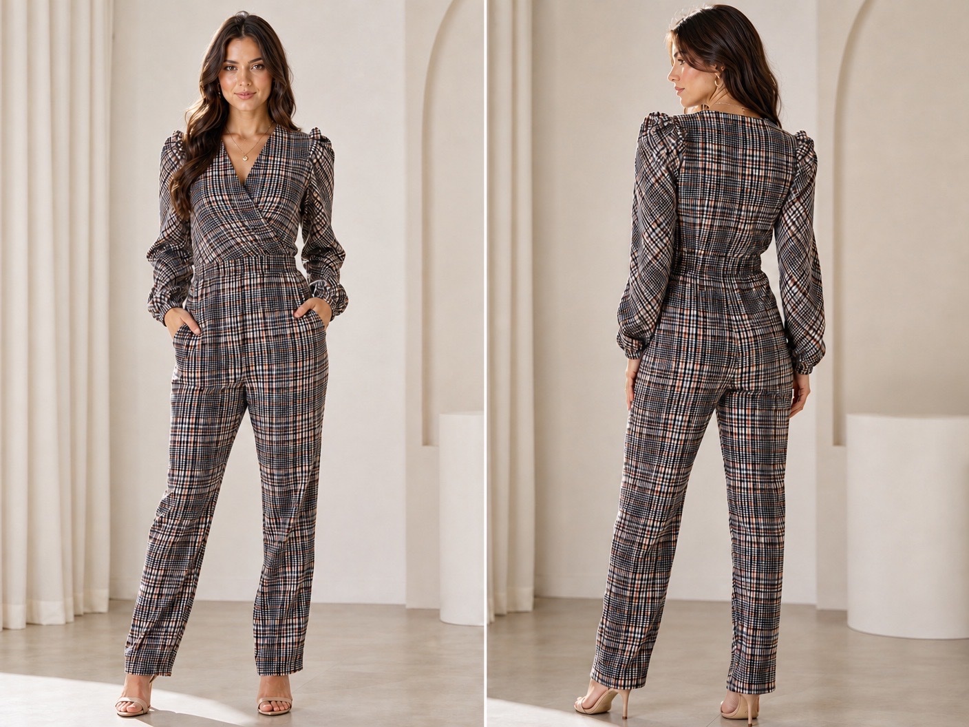 ✨ Magnifique Combinaison ASOS DESIGN Carreaux Chic– Coupe Cache-Cœur & Manches Bouffantes Royal Style🔥💞🌹🌸