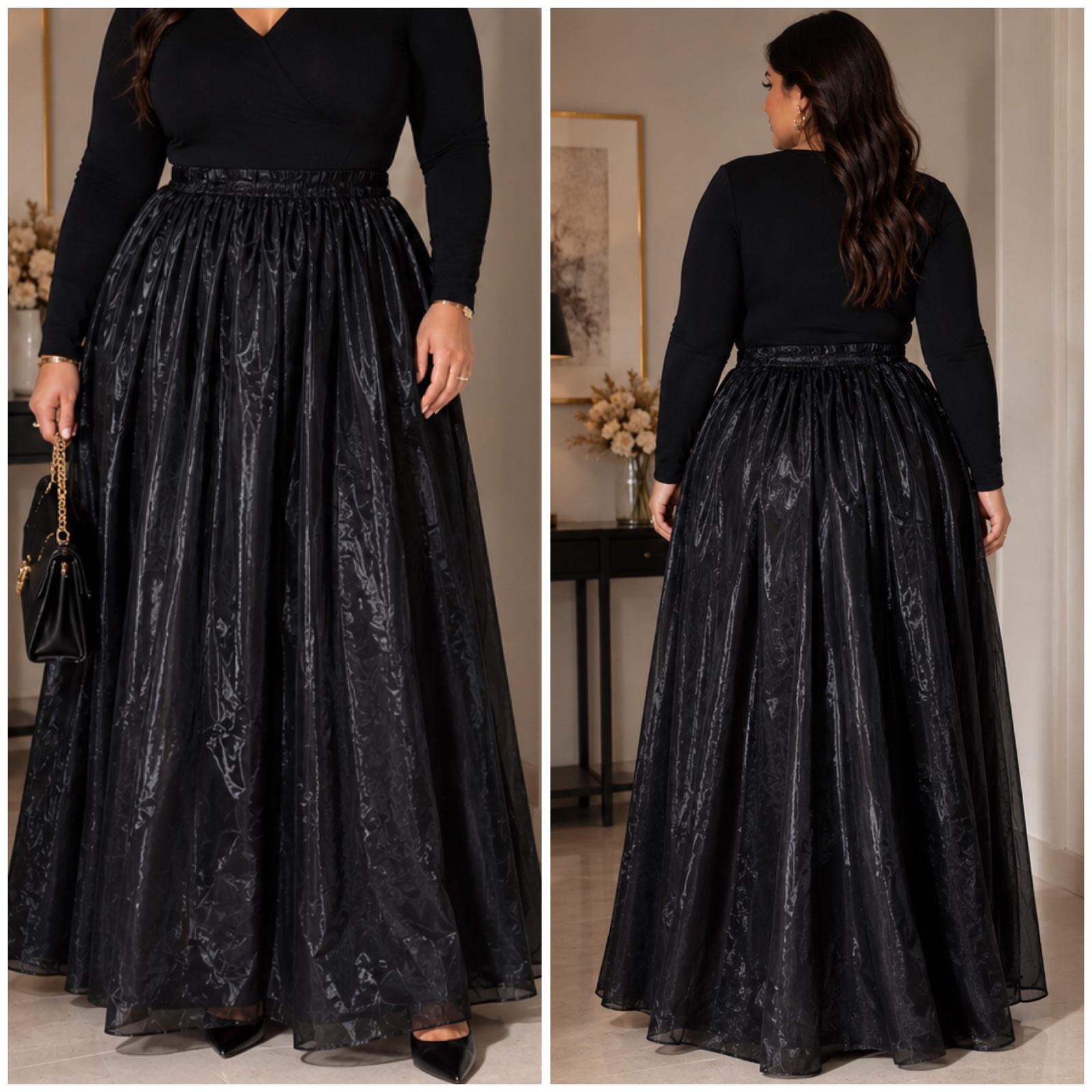 ✨🖤 Magnifique Jupe Longue Noire Élégante & Chic – Coupe Fluide & Volumineuse – Taille 44/46 – Tissu Brillant Raffiné – Idéale pour Soirées, Cérémonies & Looks Élégants 👗✨ 🖤