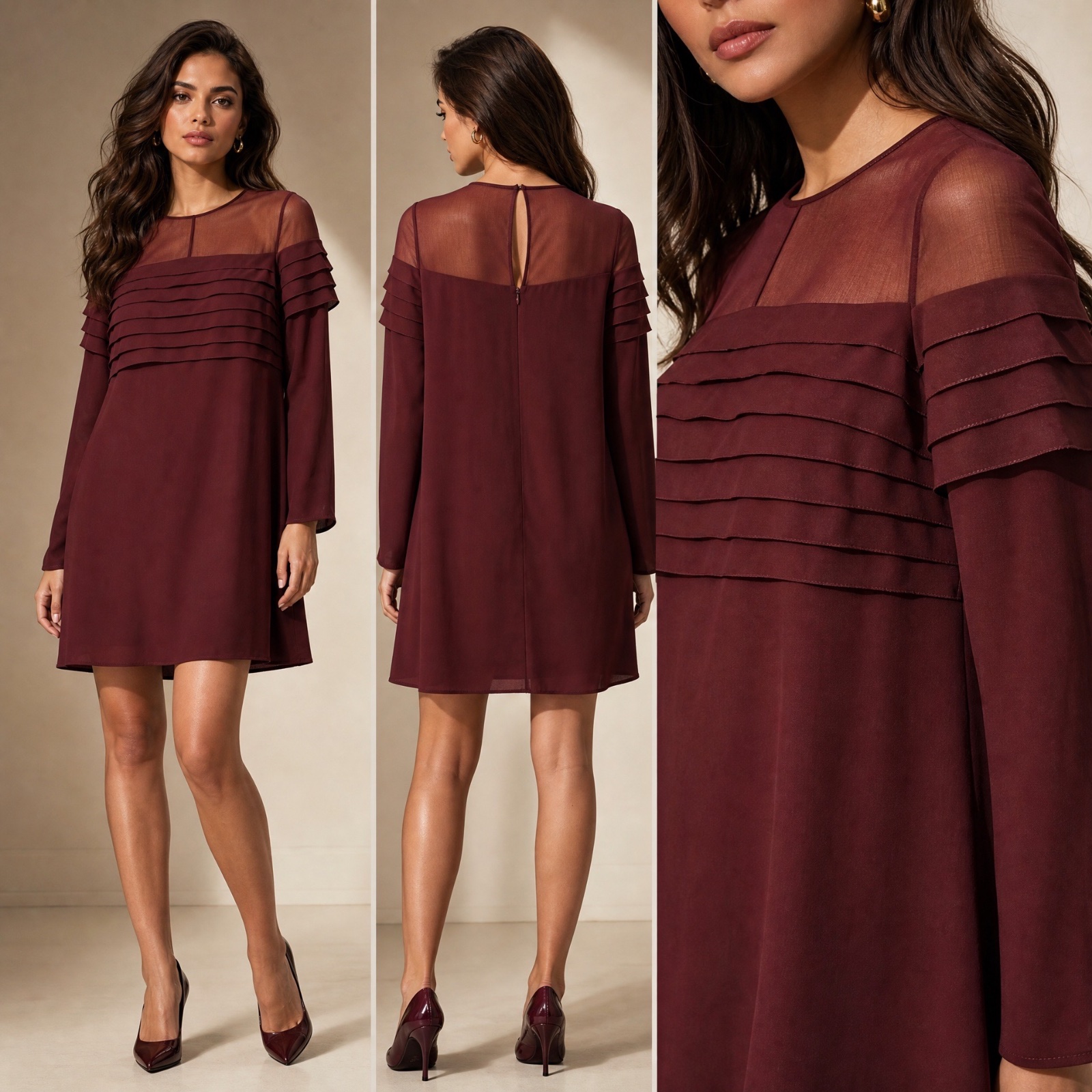 ✨ Robe Morgan Bordeaux Élégance Transparente ✨ Robe Chic Femme manches longues voile & détails plissés – style soirée, dîner, événement 💃🌹❤️🔥