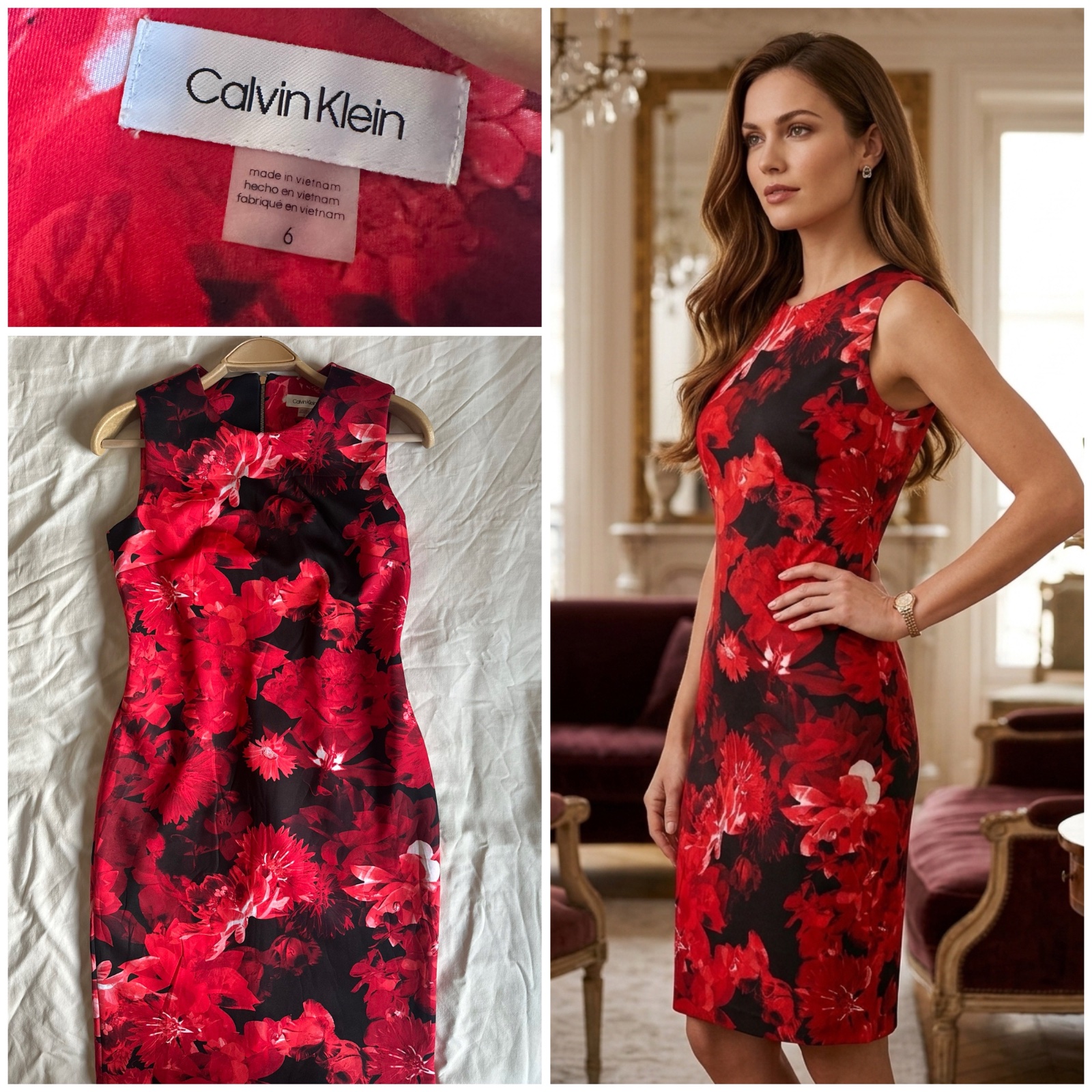 Robe Fourreau Calvin Klein – Imprimé Floral Rouge & Noir 🔥✨🌹