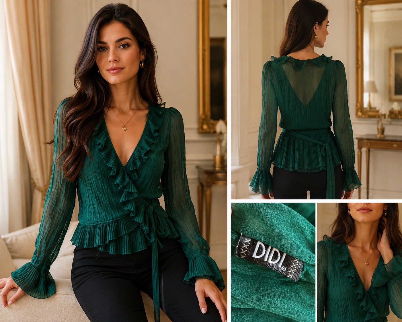 ✨ Chemise cache-cœur plissée vert émeraude DIDI ✨ Élégance chic & féminine avec manches transparentes volantées 💚🔥✨🌹🥰