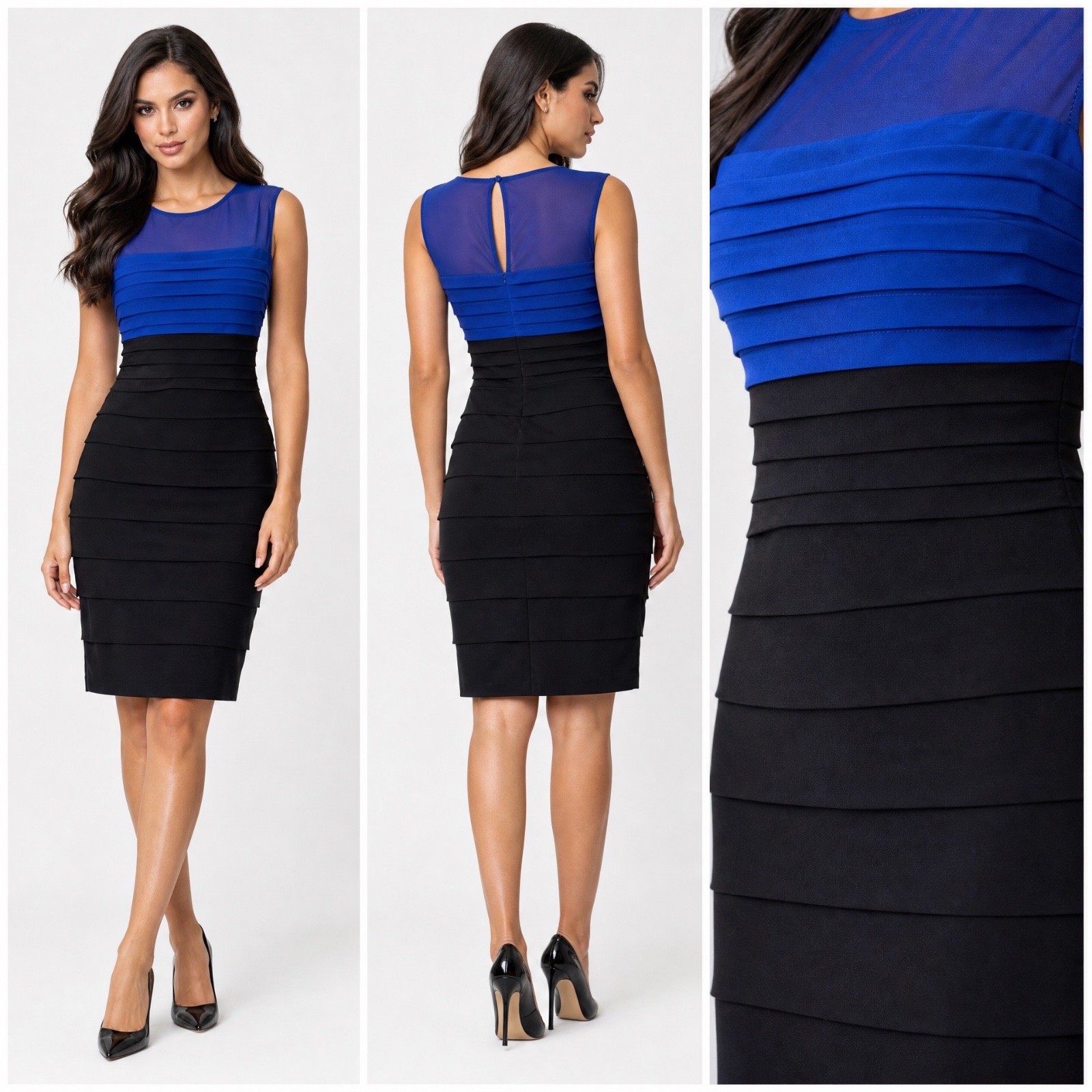 🔥✨Robe de soirée chic Sangria bicolore (Bleu Roi & Noir) – Effet drapé à volants, Dos transparent ajouré – Taille 40 (US 10)💙🔥🌸✨🌹🔥