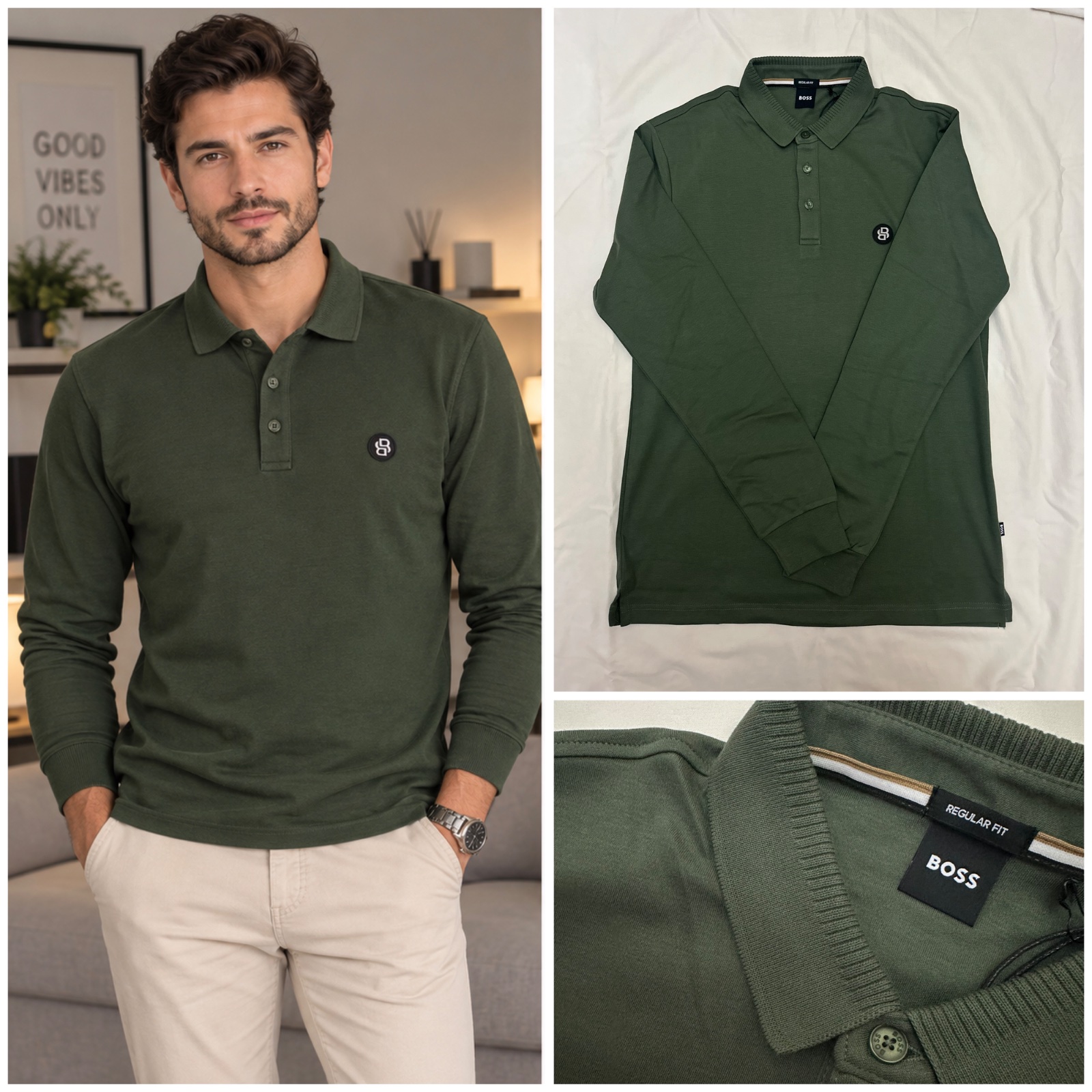 ✨ Polo Homme BOSS Vert Foncé 🌿 – Manches Longues, Col Chemise Élégant, Coupe Regular Fit – Chic & Intemporel ✨