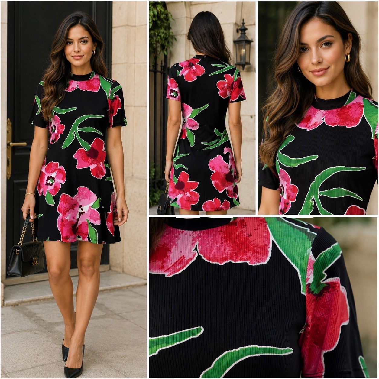 🌺 Robe Desigual originale noire à grandes fleurs roses – Coupe élégante en maille côtelée – Taille L – Chic & tendance🔥🥰✨💕💞🌹🌸
