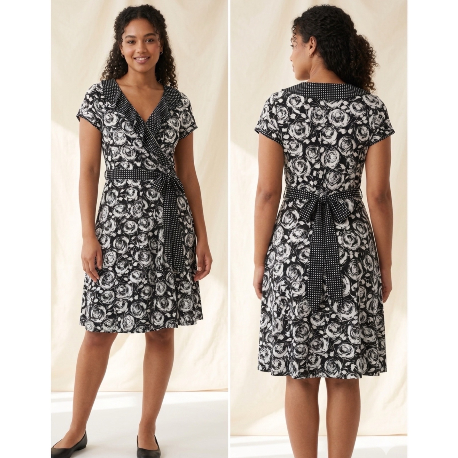 Robe Élégante Noire & Blanche – Détails Pois et Fleurs – VOIR VOIR🔥✨🌹