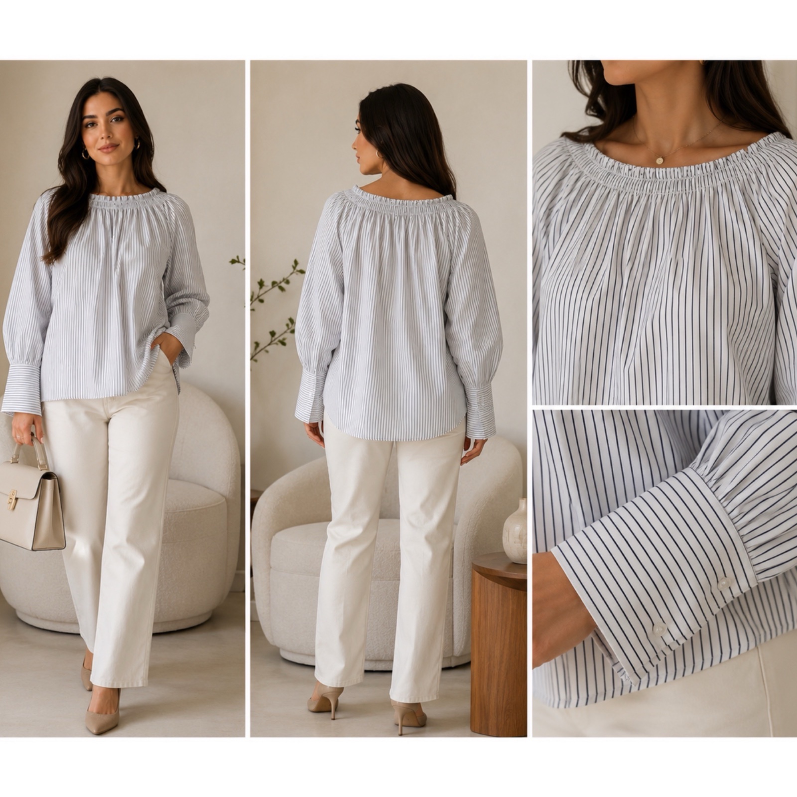 🤍✨ Chemise Femme Chic à Rayures – Col Bateau Élastiqué – 100% Coton – Manches Longues – Taille L – Élégance Intemporelle ✨🤍🔥✨🌹🌸