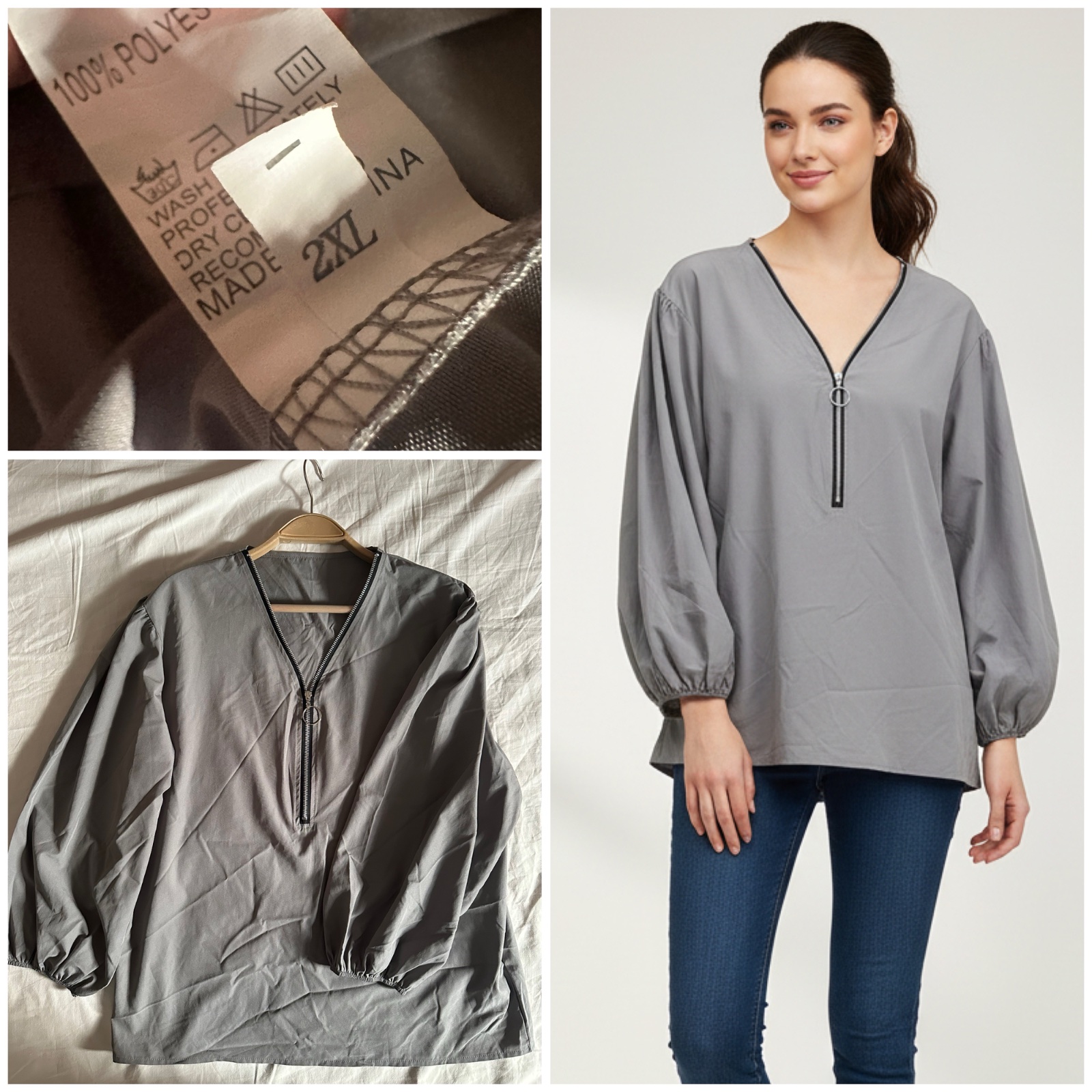 👕 Blouse Grise Fluide avec Zip & Anneau - Style Moderne 💞